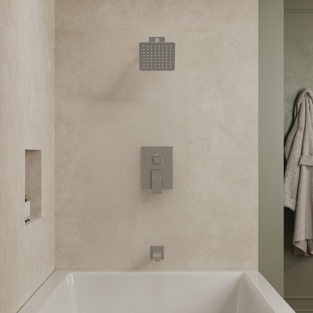 Square Wall-Mounted Shower System with Pressure-Balanced Tub Spout