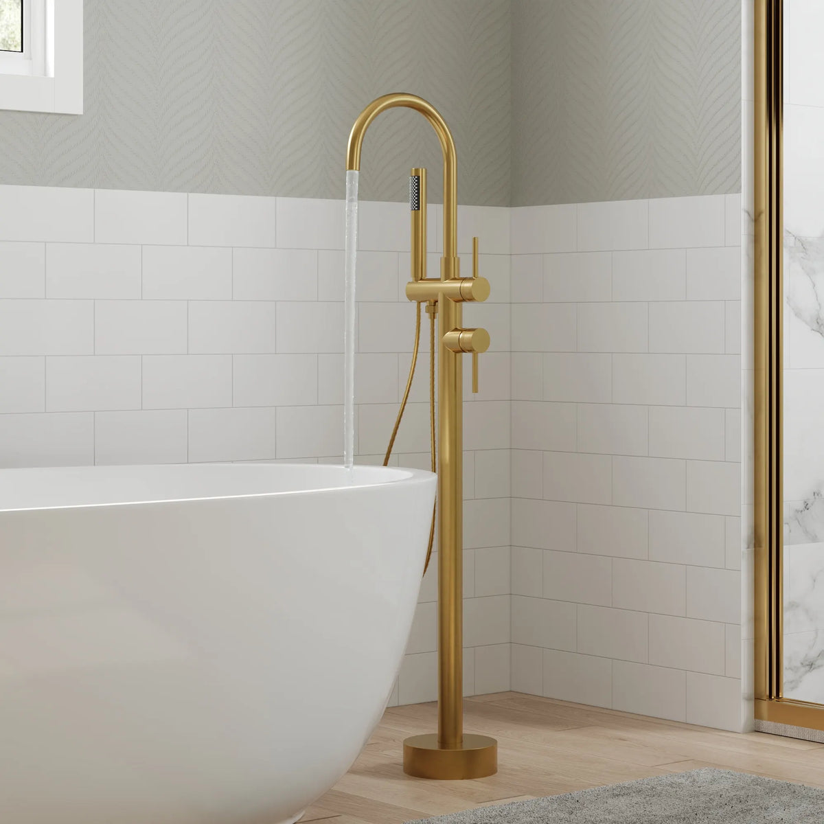 High-Arc Floor-Mounted Freestanding Bathtub Faucet with Hand Shower and Swivel Spout