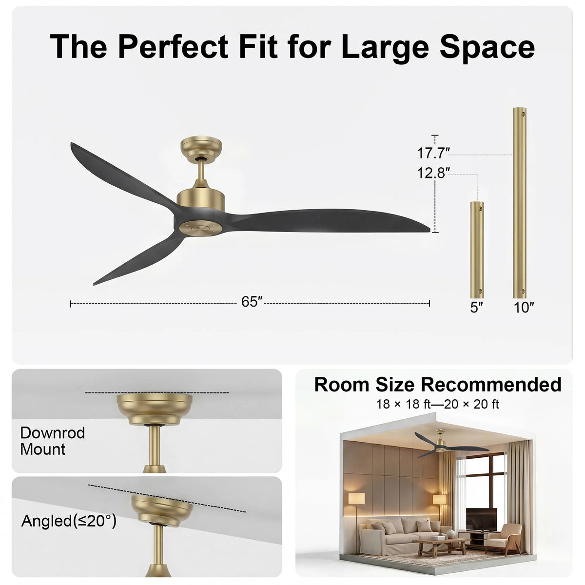 65-Inch Downrod Mount 3-Blade Ceiling Fan without Light