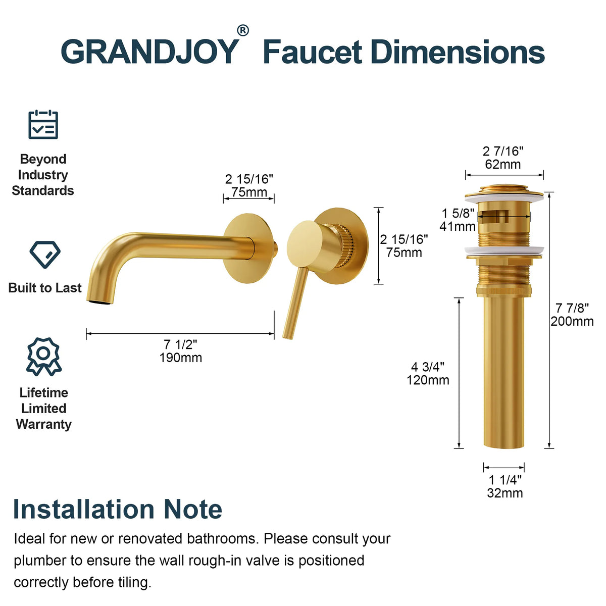 Single-Handle Wall-Mount Bathroom Sink Faucet With Pop-Up Drain