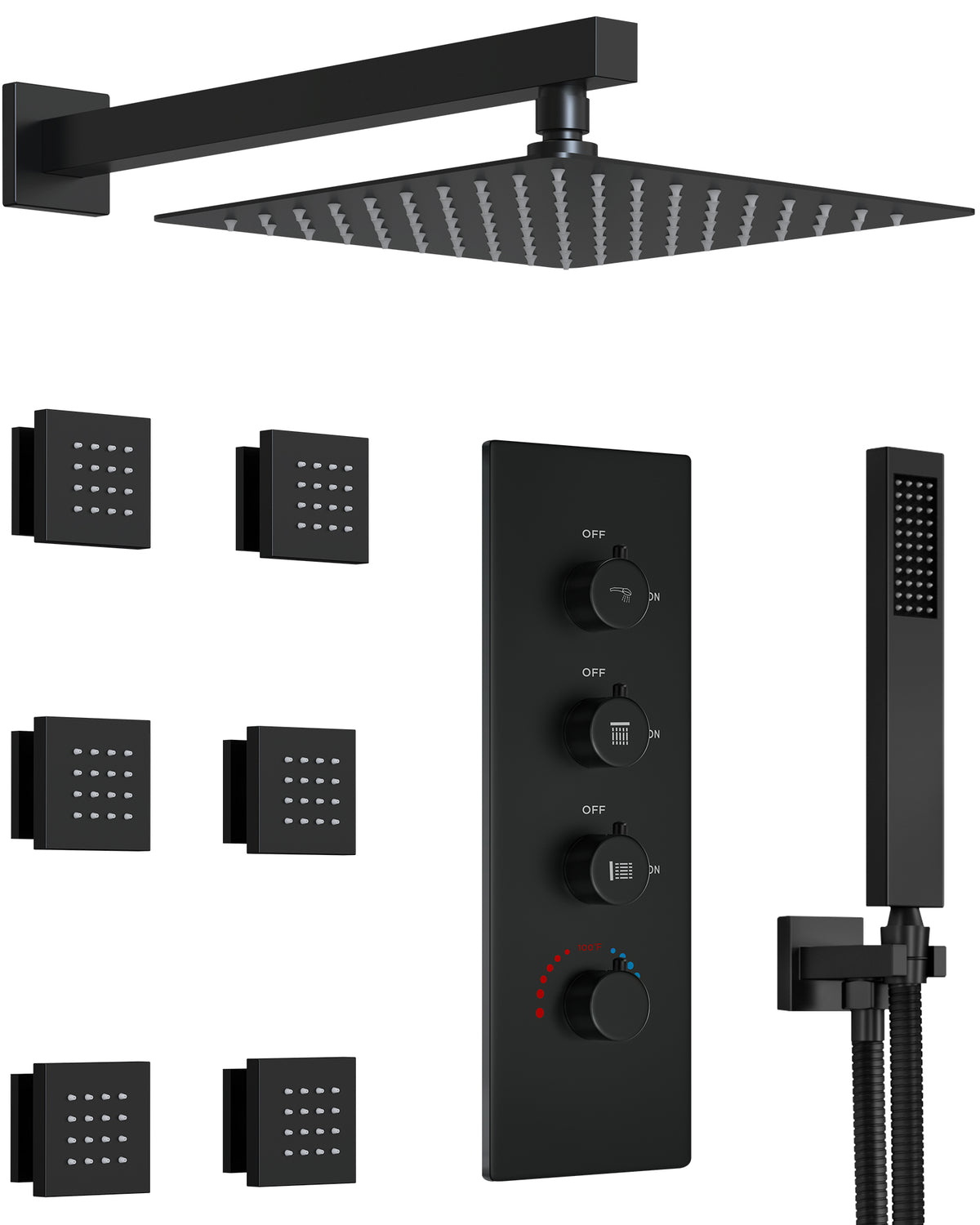 Wall-Mounted Thermostatic Rain Shower System with Body Jets and Handheld
