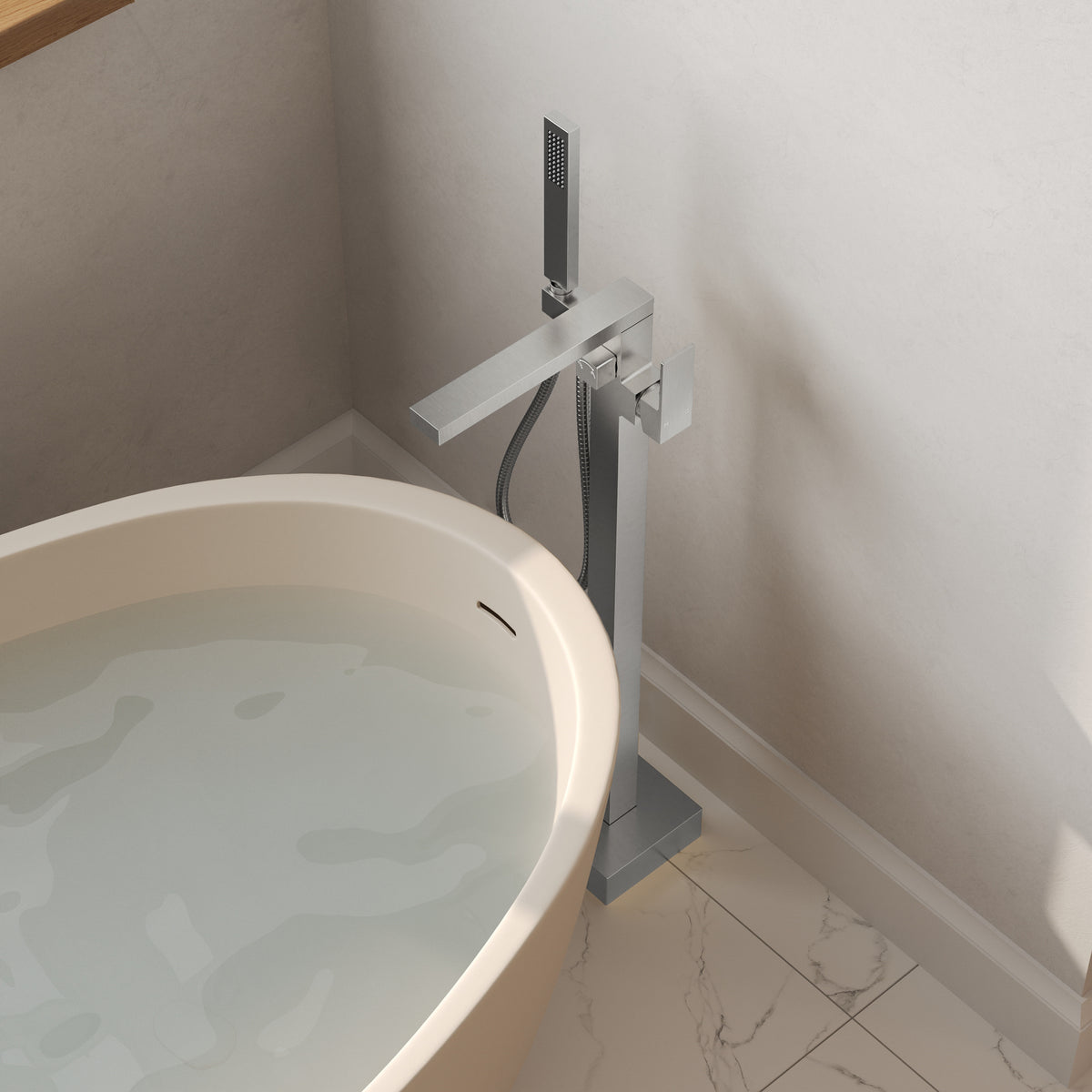 Freestanding Floor-Mounted Bathtub Faucet with Hand Shower and Swivel Spout
