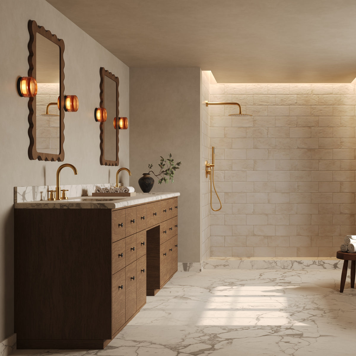 Round Wall-Mounted Shower System with Rainfall Head and Handheld