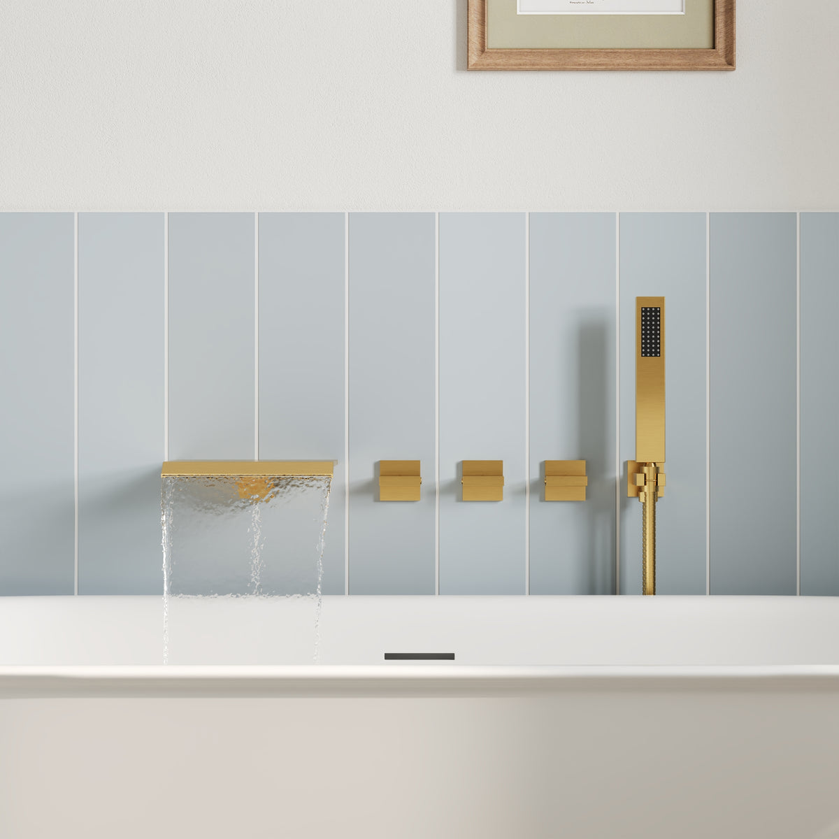 Wall-Mounted Floor-Mounted bathtub with Three Handles and Hand Shower