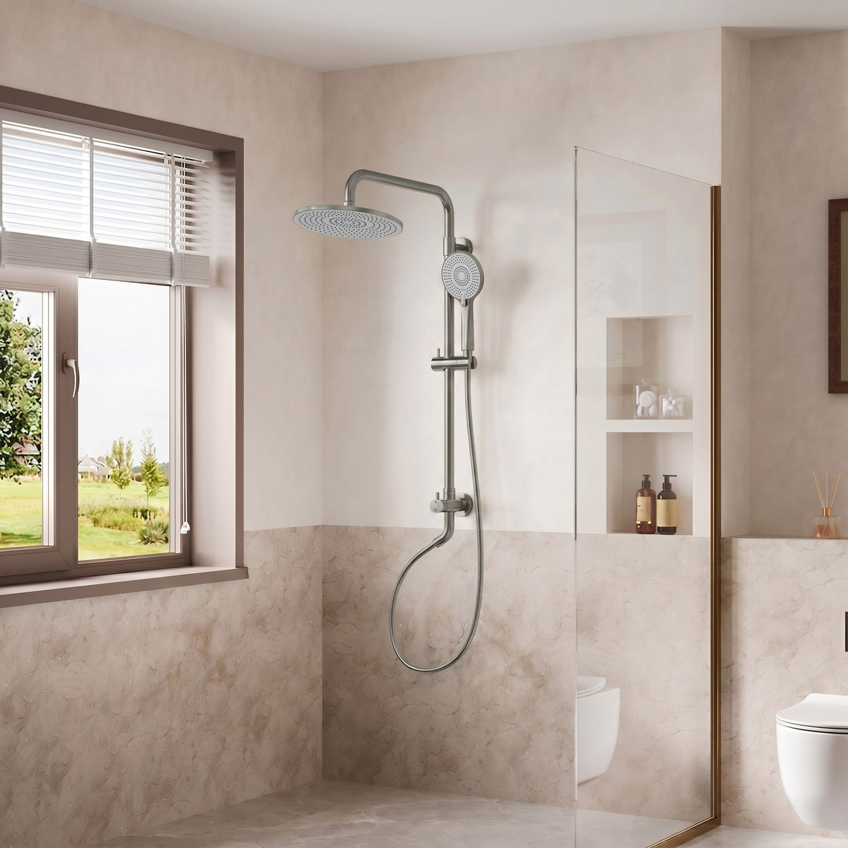 Exposed Dual-Function Rain Shower System with Adjustable Handheld