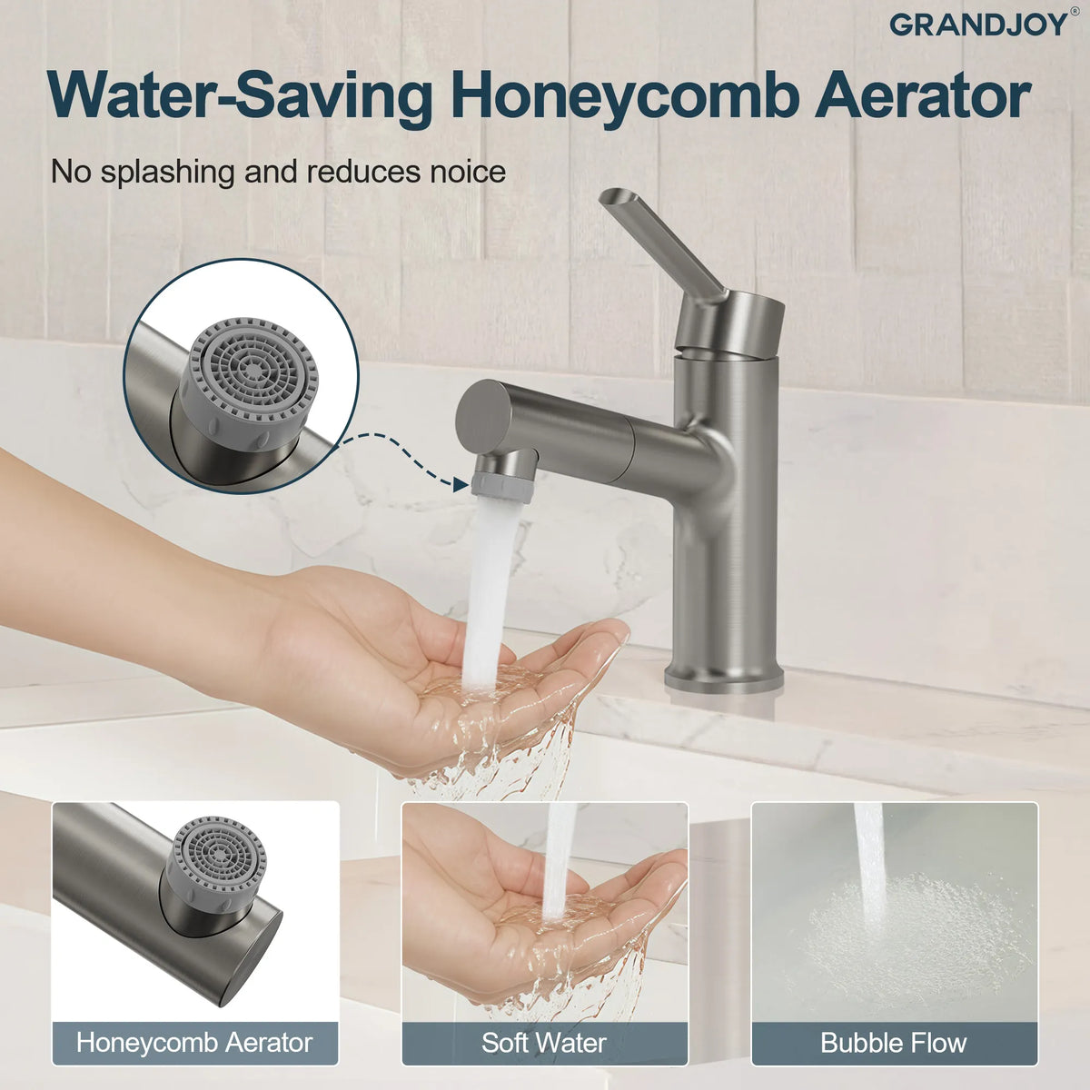 Single-Handle Pull-Out Bathroom Sink Faucet With Dual Spray Modes And Pop-Up Drain