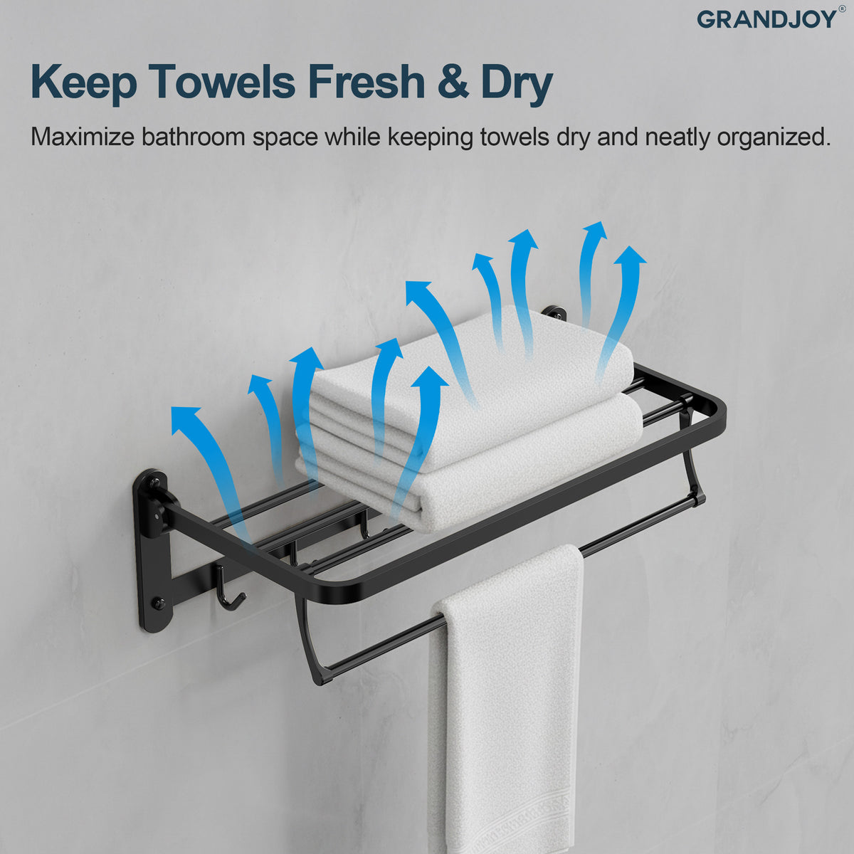 Foldable Wall-Mounted Towel Rack with Shelf and Five Hooks