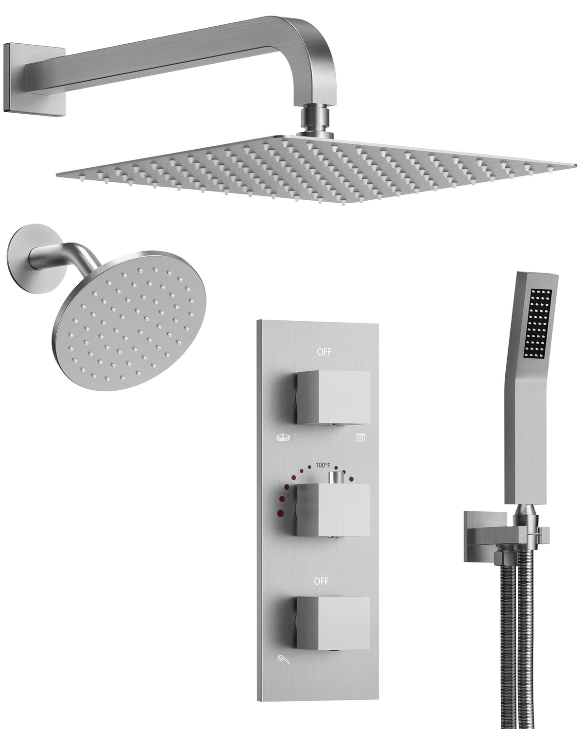 Wall-Mounted Thermostatic Dual Rainfall Shower System with Handheld Spray