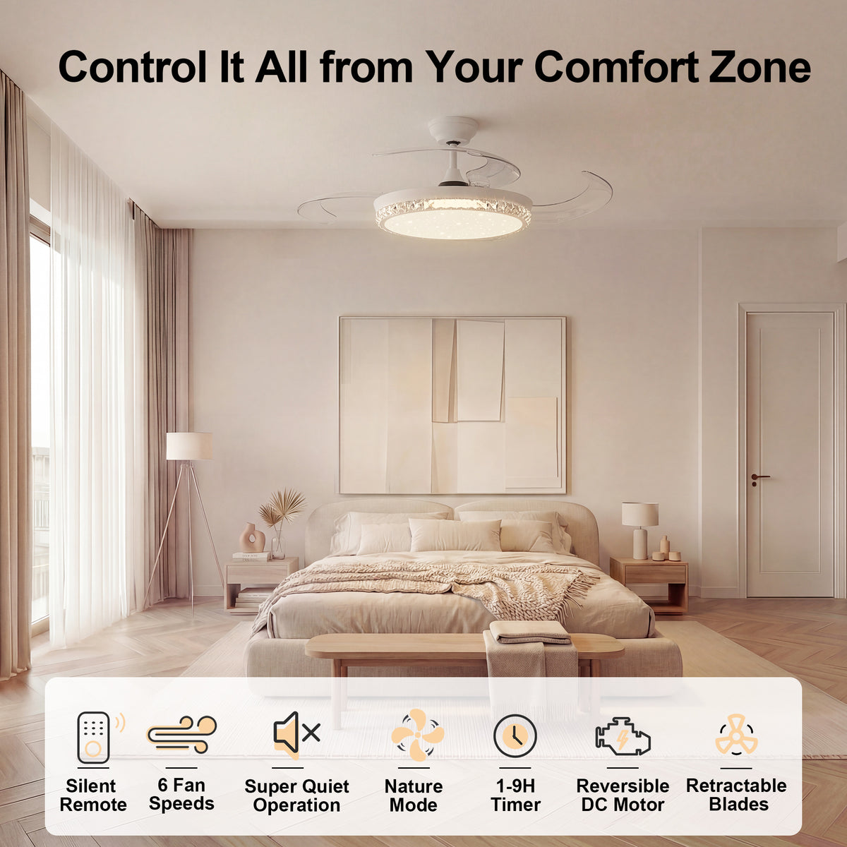 44-Inch Downrod Mount 4-Blade Retractable Ceiling Fan with Light and Remote Control