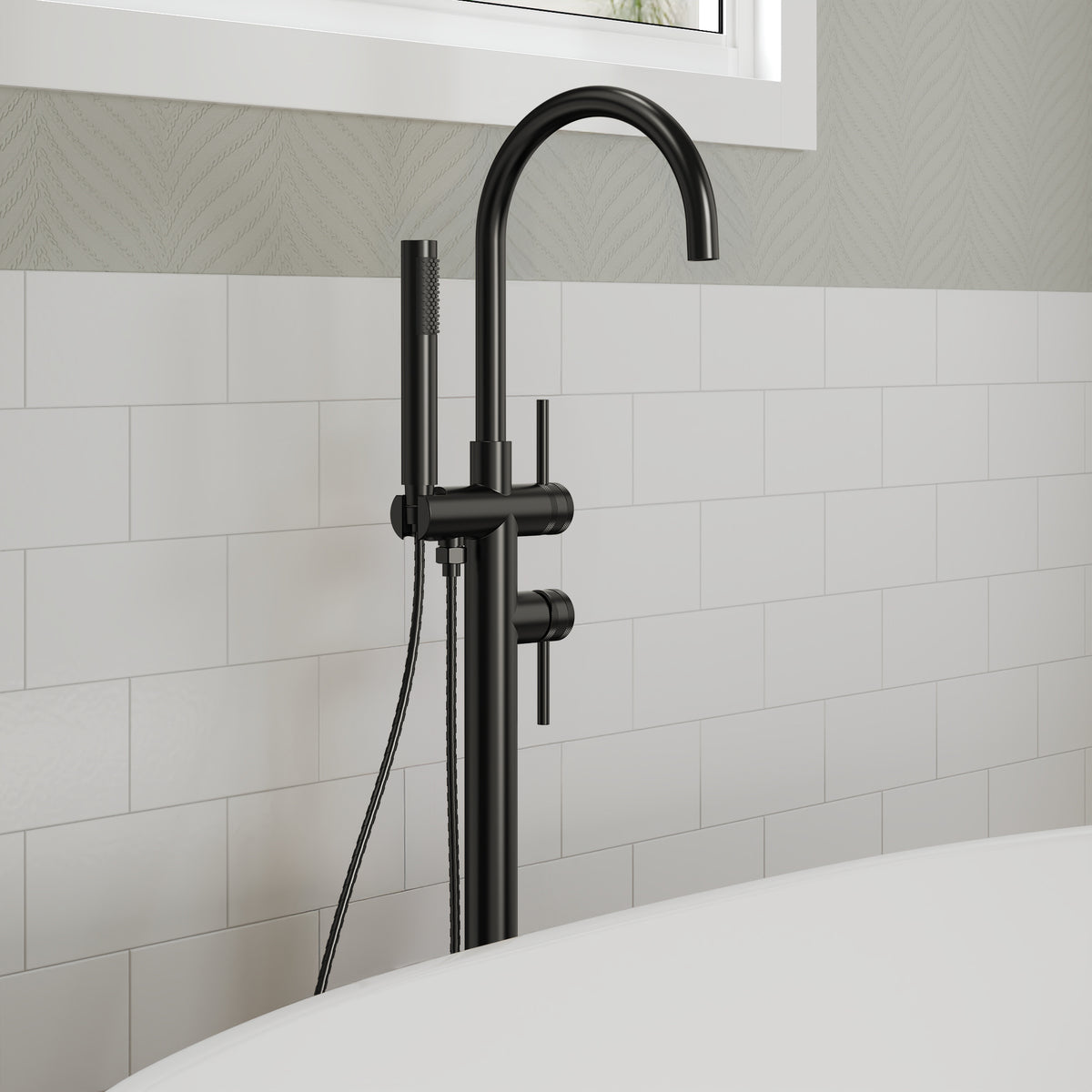 High-Arc Floor-Mounted Freestanding Bathtub Faucet with Hand Shower and Swivel Spout