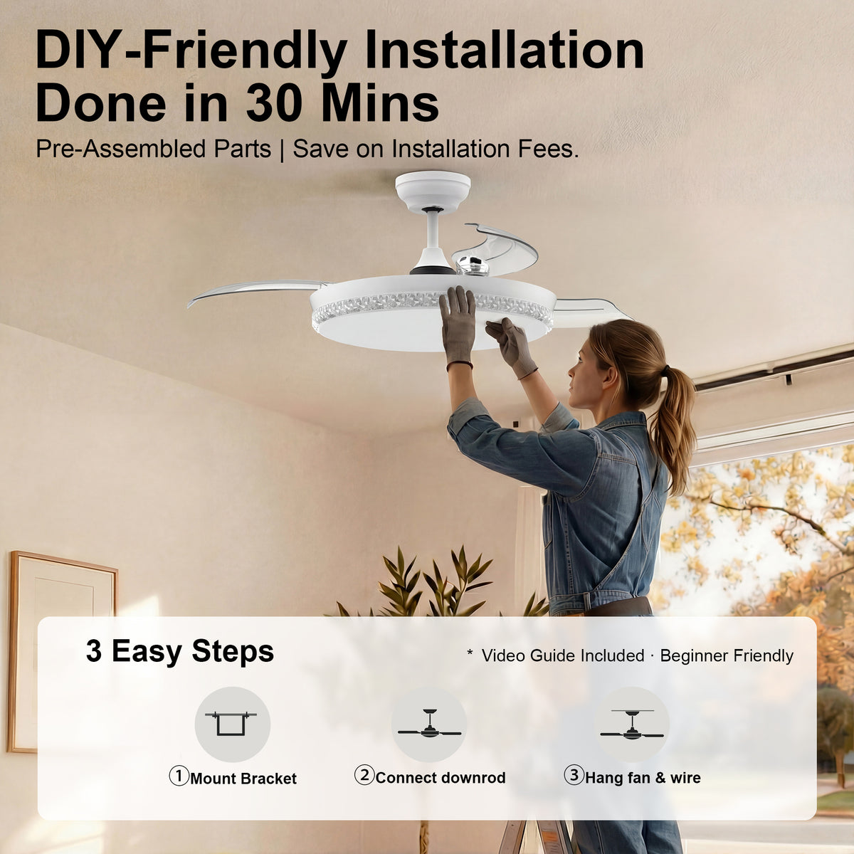 44-Inch Downrod Mount 4-Blade Retractable Ceiling Fan with Light and Remote Control