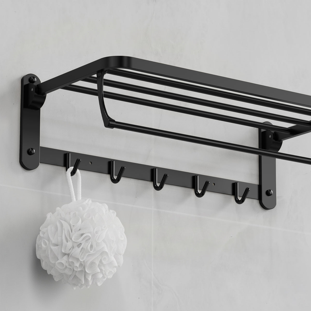 Foldable Wall-Mounted Towel Rack with Shelf and Five Hooks