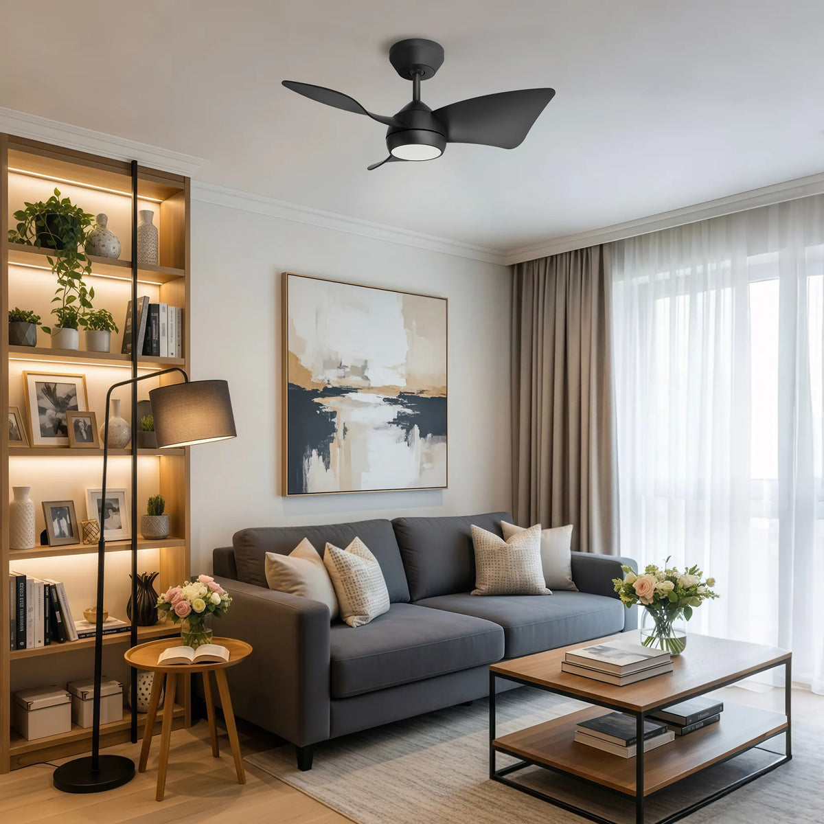 30-Inch Downrod Mount 3-Blade Ceiling Fan with Light and Remote Control