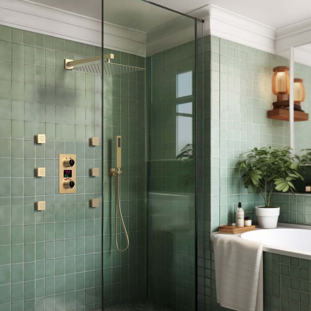 LED Wall-Mounted Shower System with Six Body Jets and Handheld