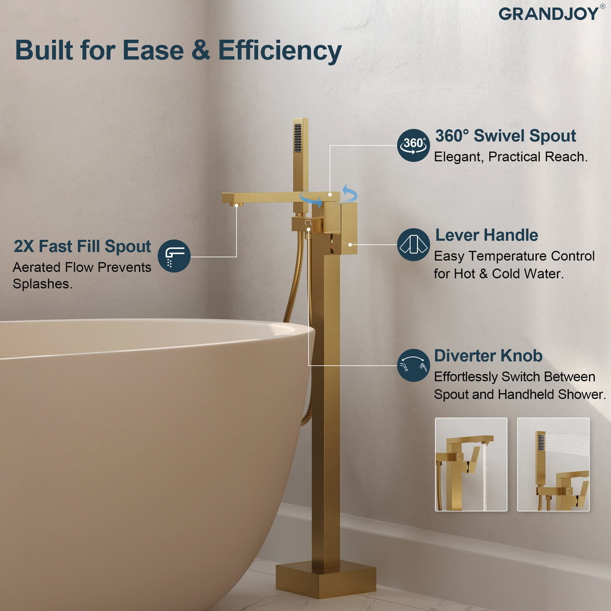 Freestanding Floor-Mounted Bathtub Faucet with Hand Shower and Swivel Spout