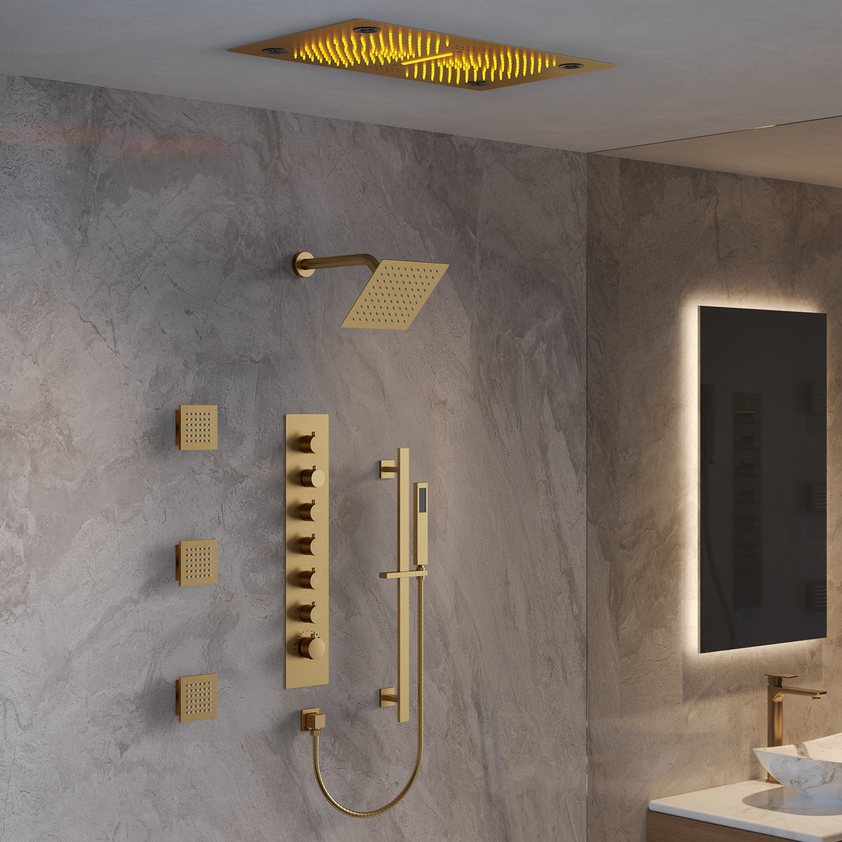 LED Bluetooth Dual-Head Ceiling-Mounted Shower System with Body Jets