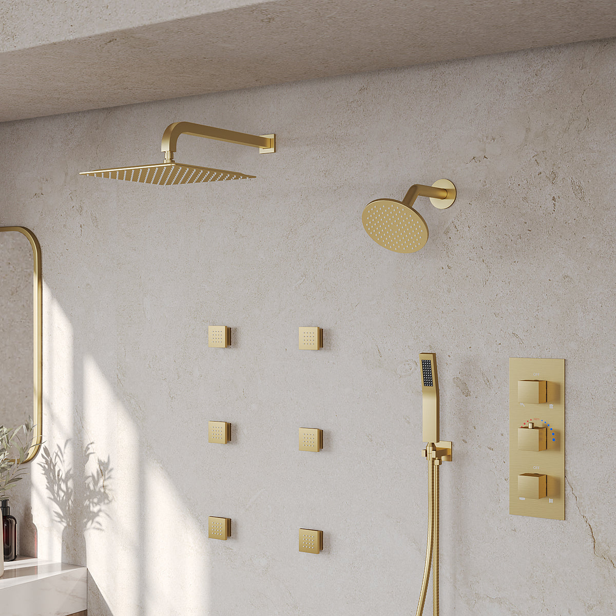 Wall-Mounted Thermostatic Dual Shower System with Six Body Jets