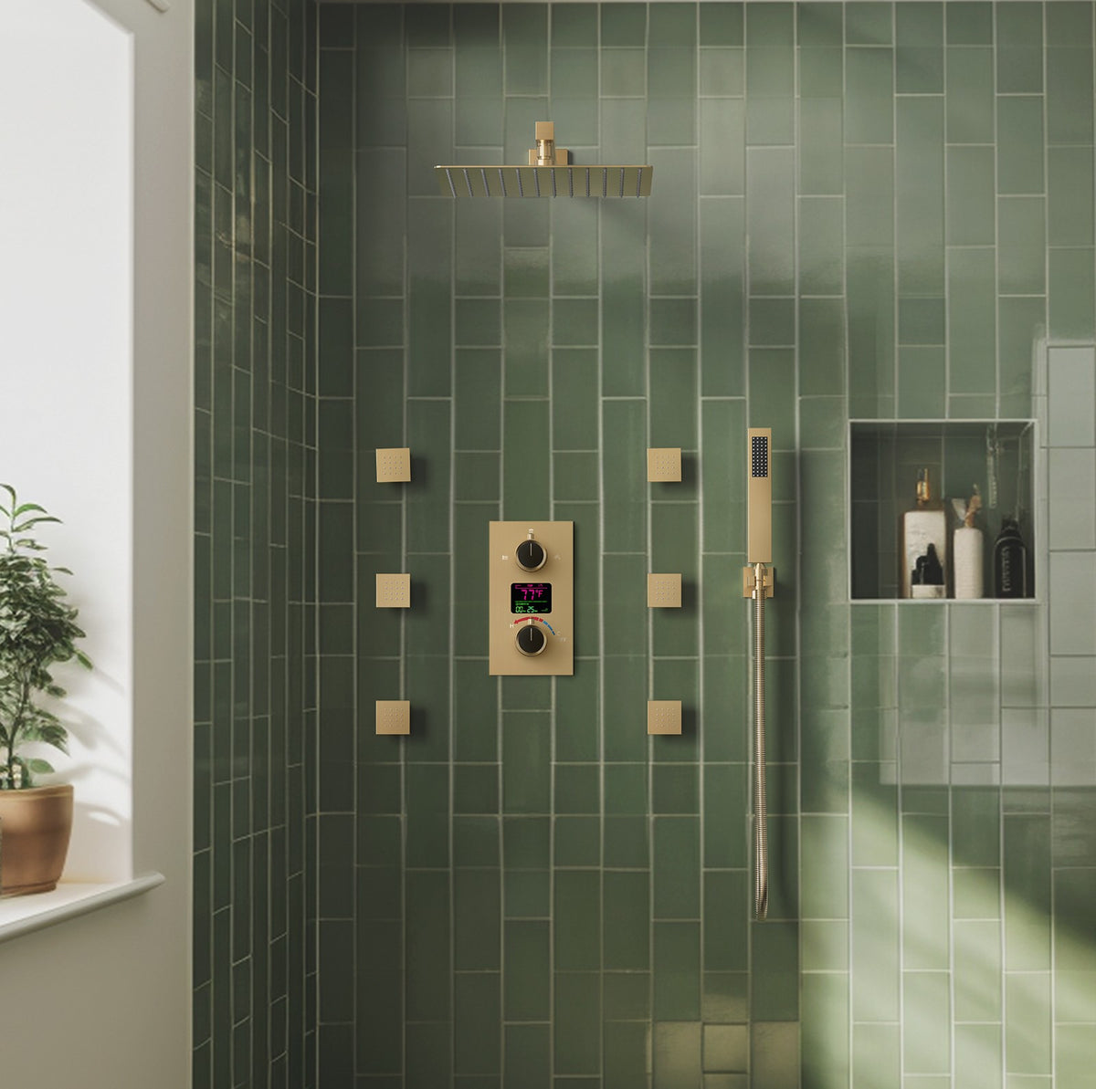 LED Wall-Mounted Shower System with Six Body Jets and Handheld