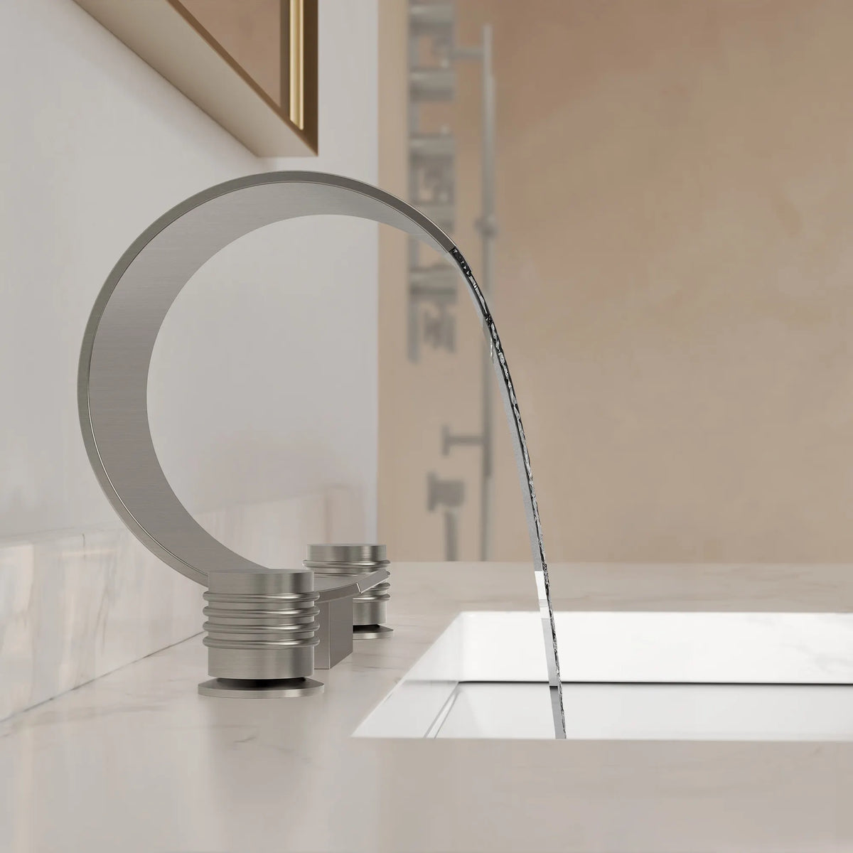 Two-Handle Waterfall Widespread Bathroom Sink Faucet With Pop-Up Drain