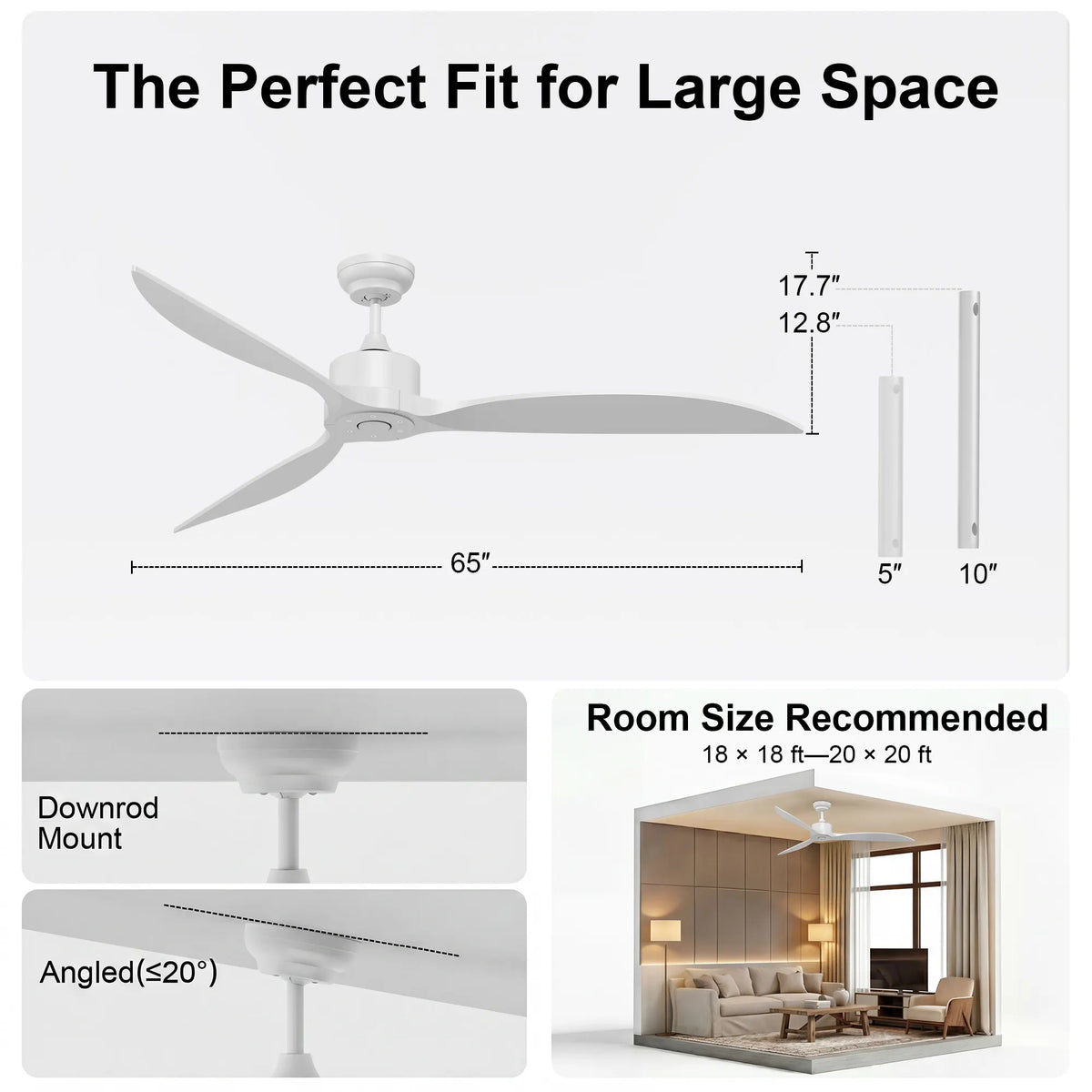 65-Inch Downrod Mount 3-Blade Ceiling Fan without Light