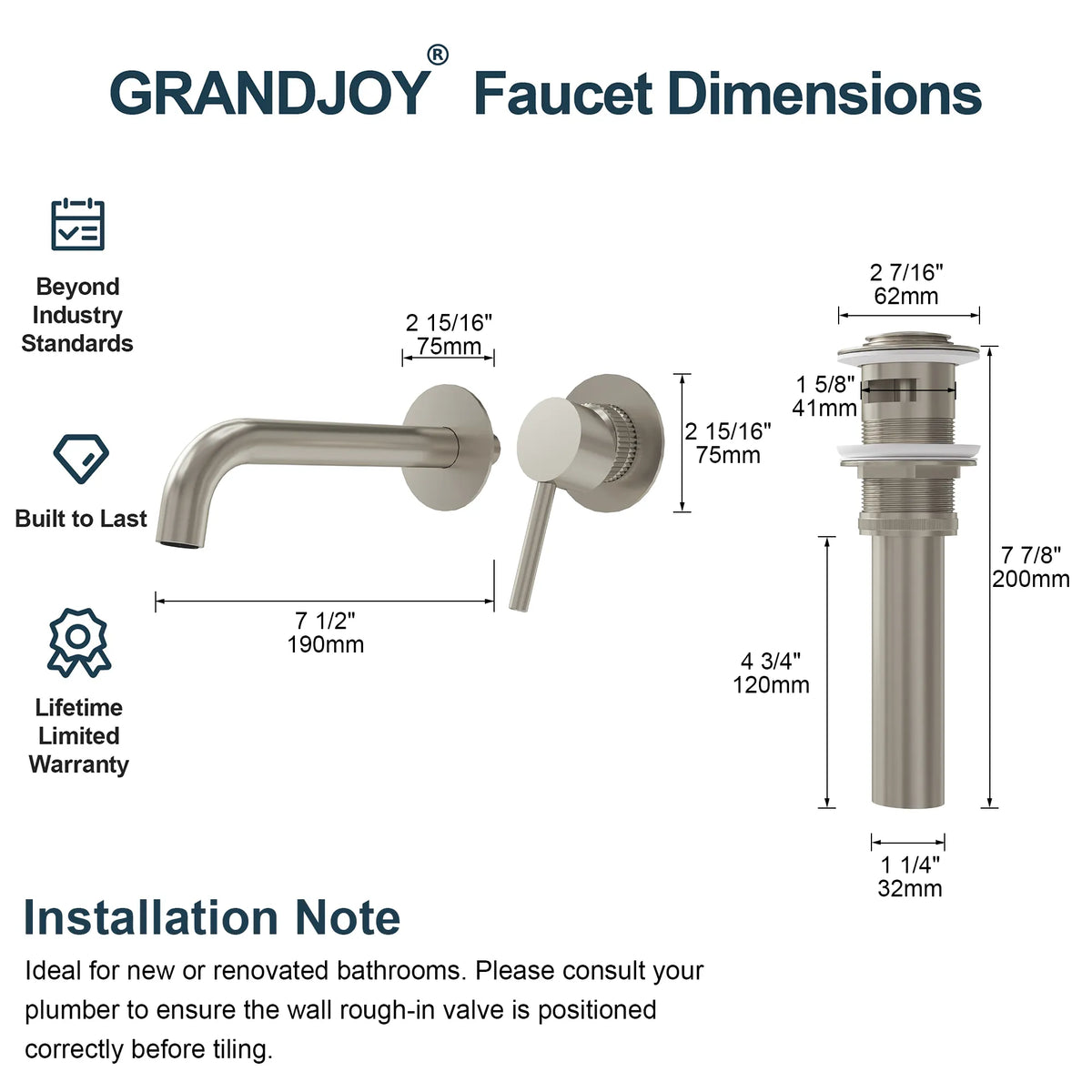 Single-Handle Wall-Mount Bathroom Sink Faucet With Pop-Up Drain