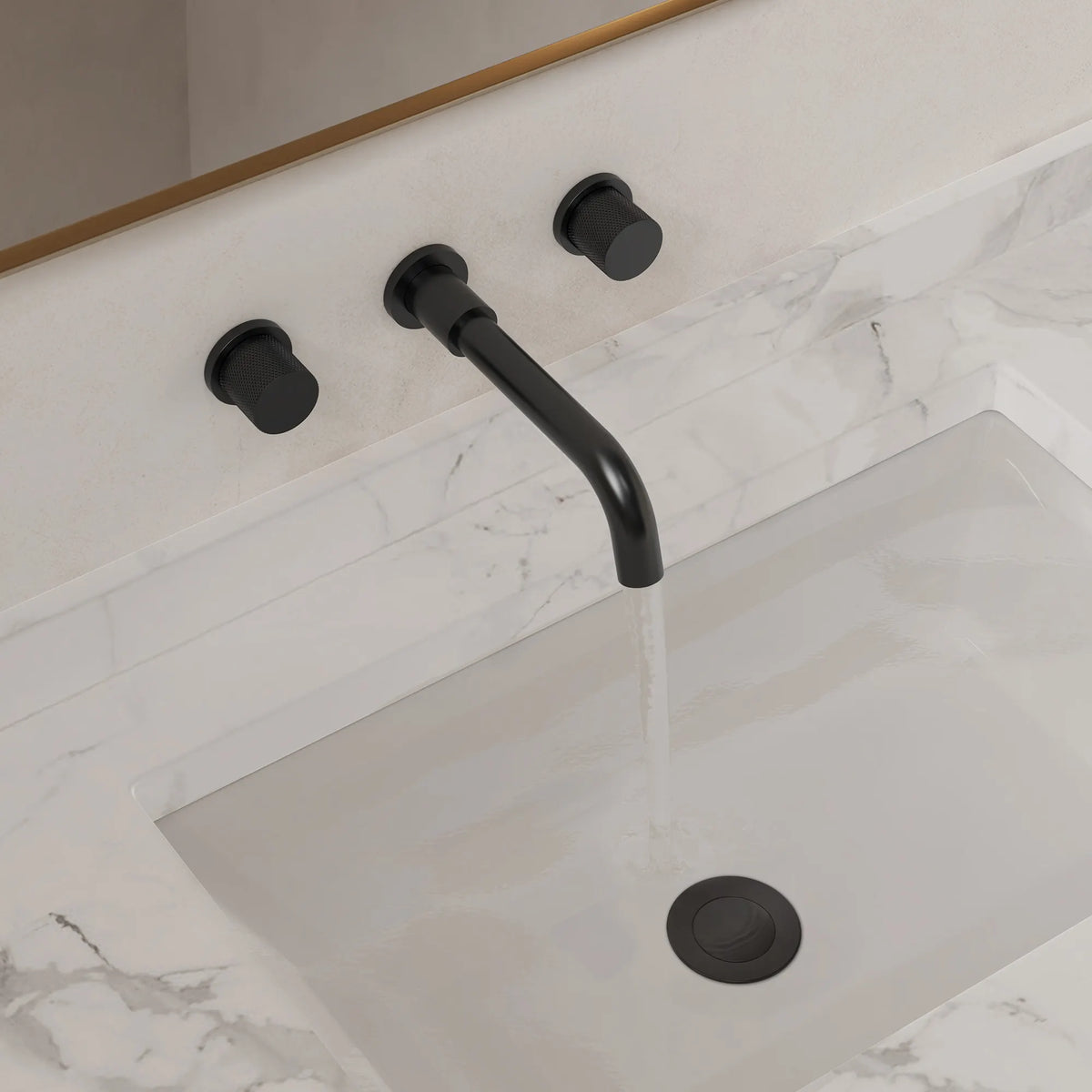 Two-Handle Wall-Mount Bathroom Sink Faucet With Pop-Up Drain