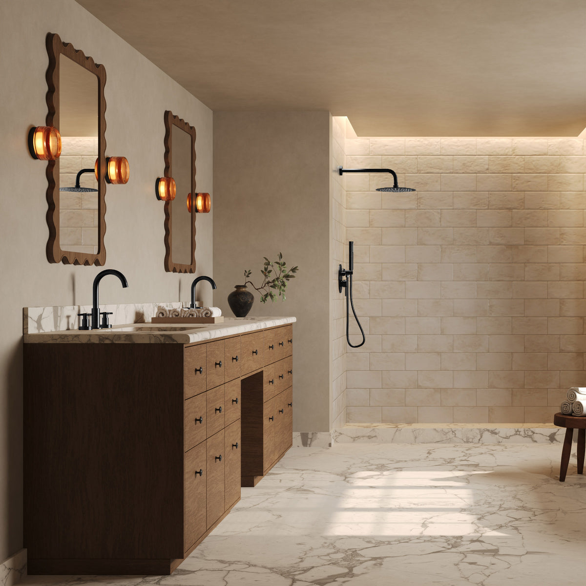 Round Wall-Mounted Shower System with Rainfall Head and Handheld