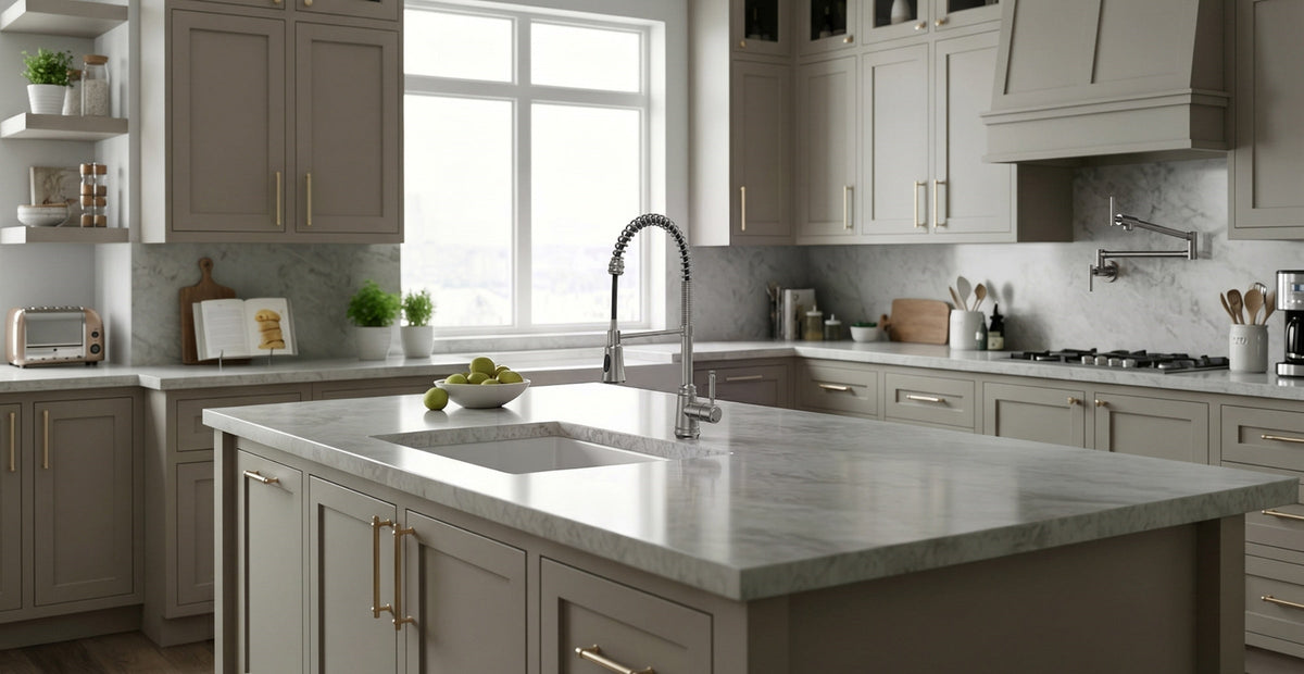Modern kitchen island with a black single-handle faucet and white cabinetry