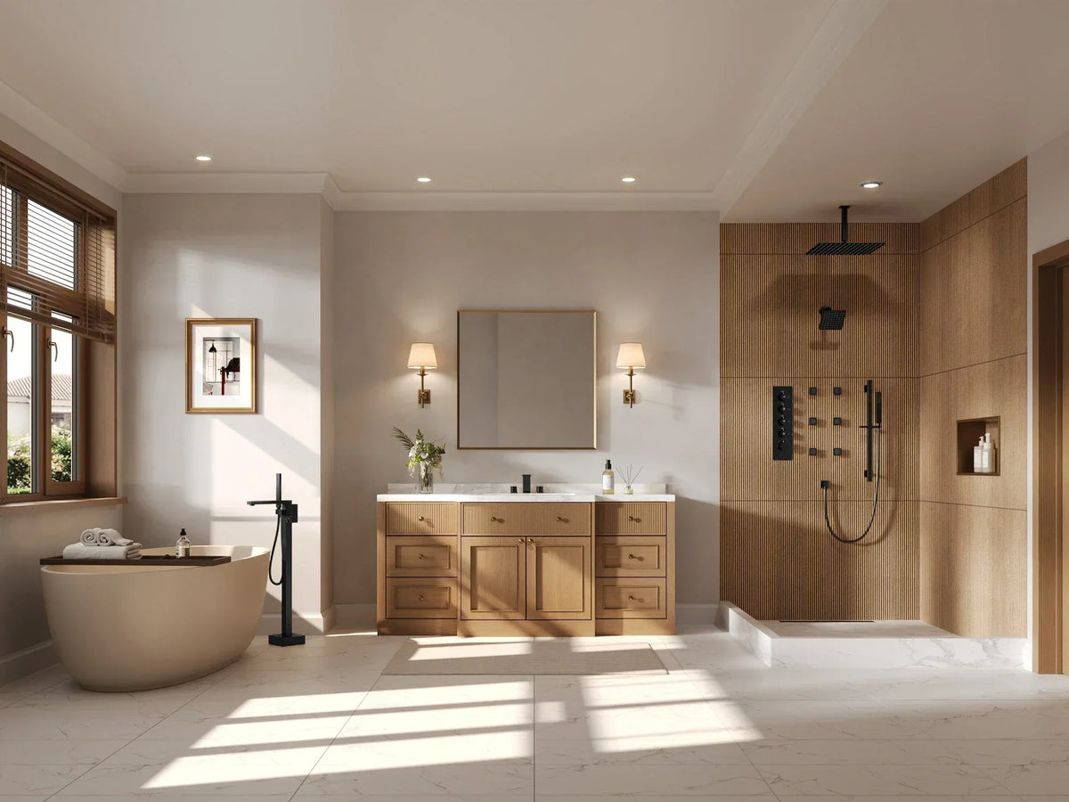 It shows a complete bathroom with a freestanding tub, vanity, wellness shower, wood finishes, black fixtures, and layered lighting.