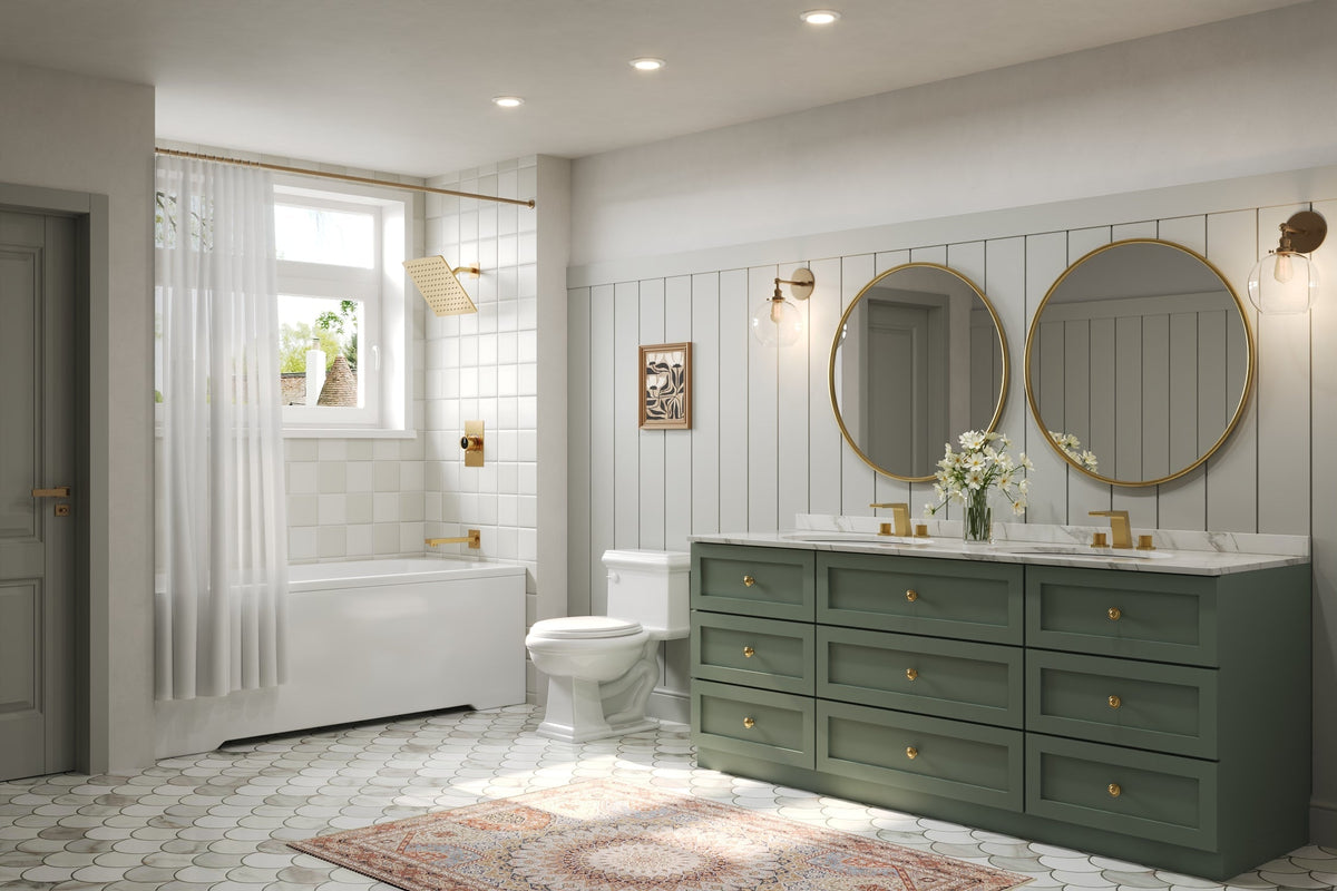 Renovated bathroom with a glass shower, freestanding tub, double vanity, and modern tile