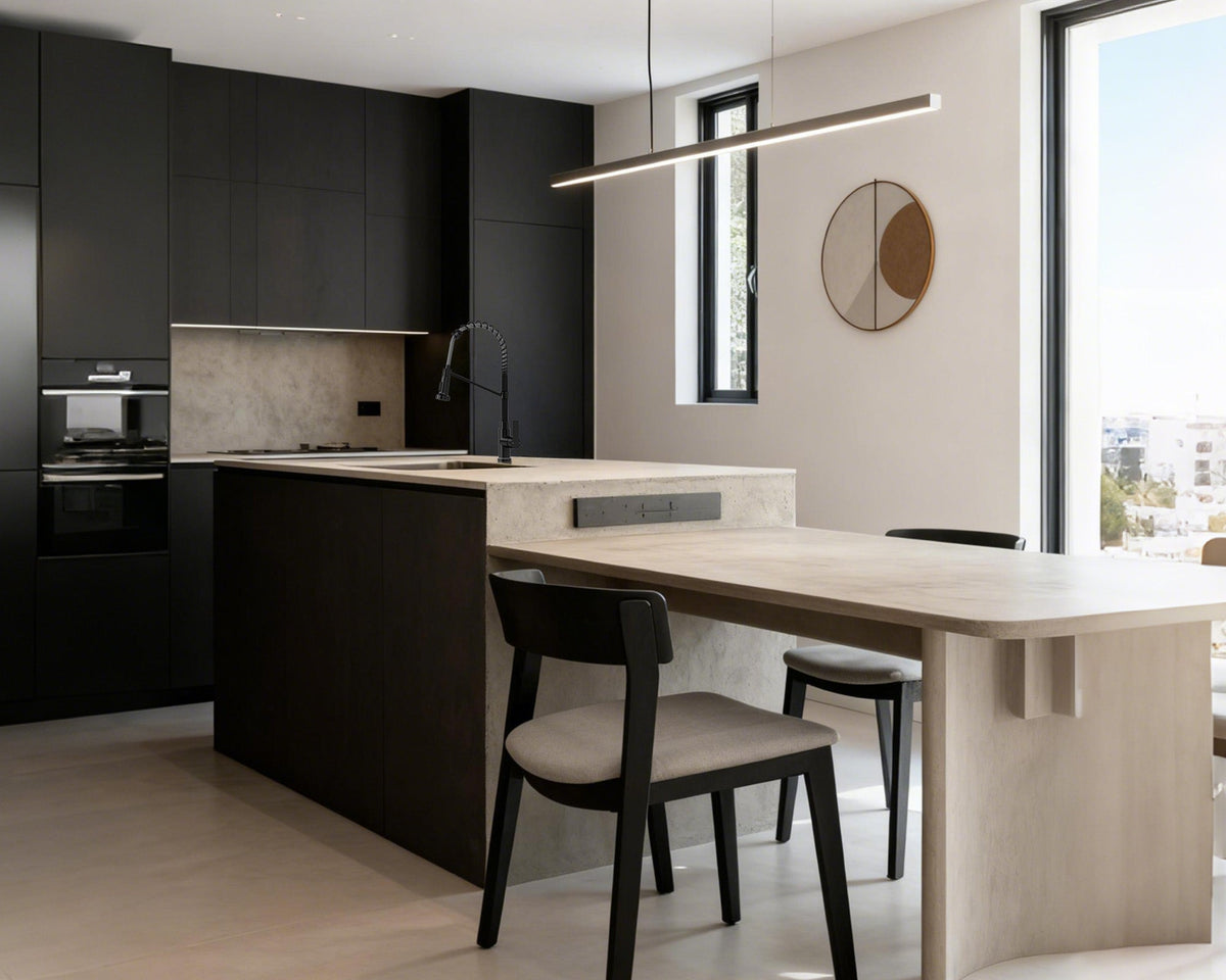 Modern kitchen with a black single-handle faucet installed at a sink island