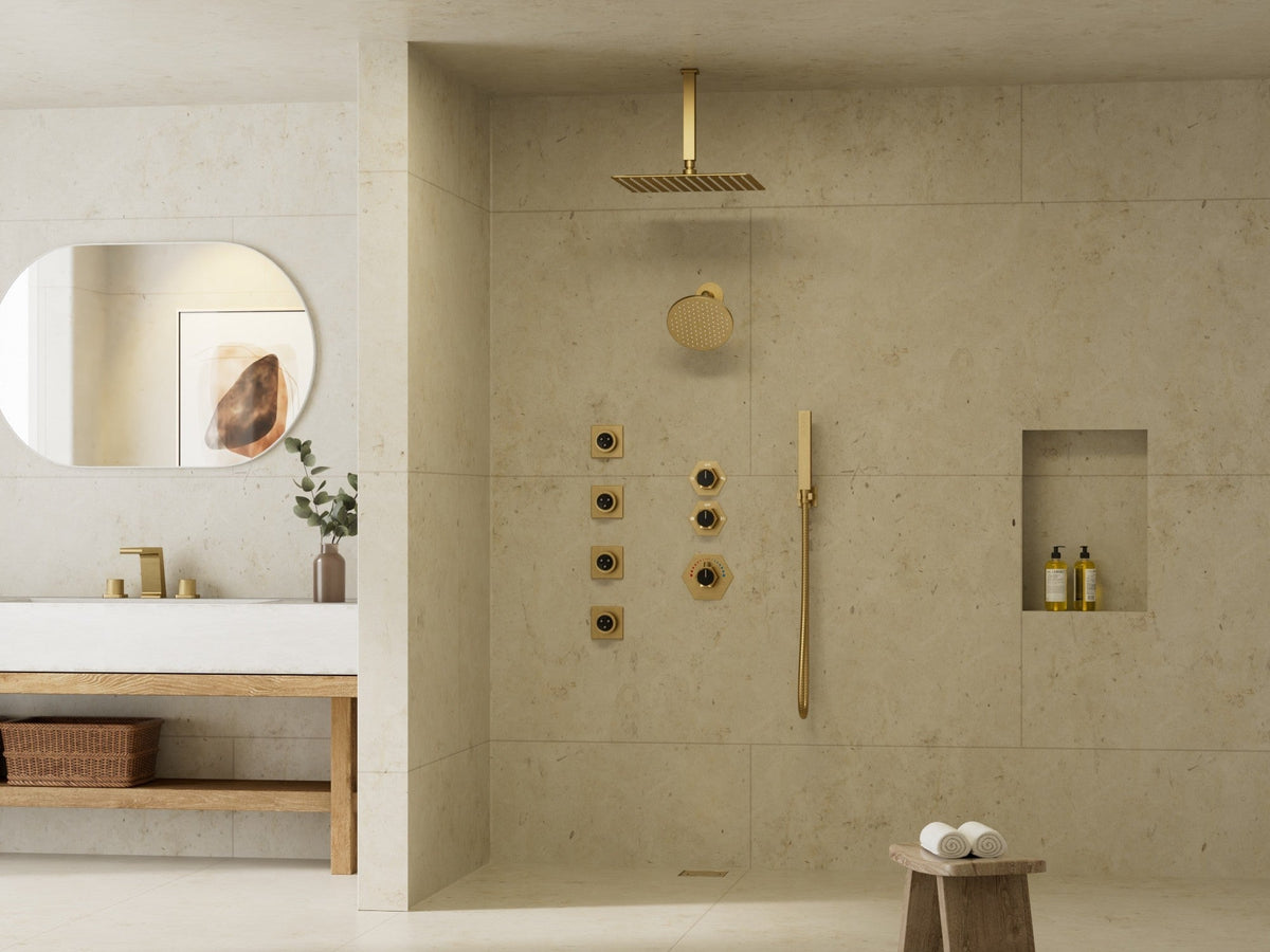 Modern bathroom with a walk-in shower, thermostatic controls, and rainfall showerhead