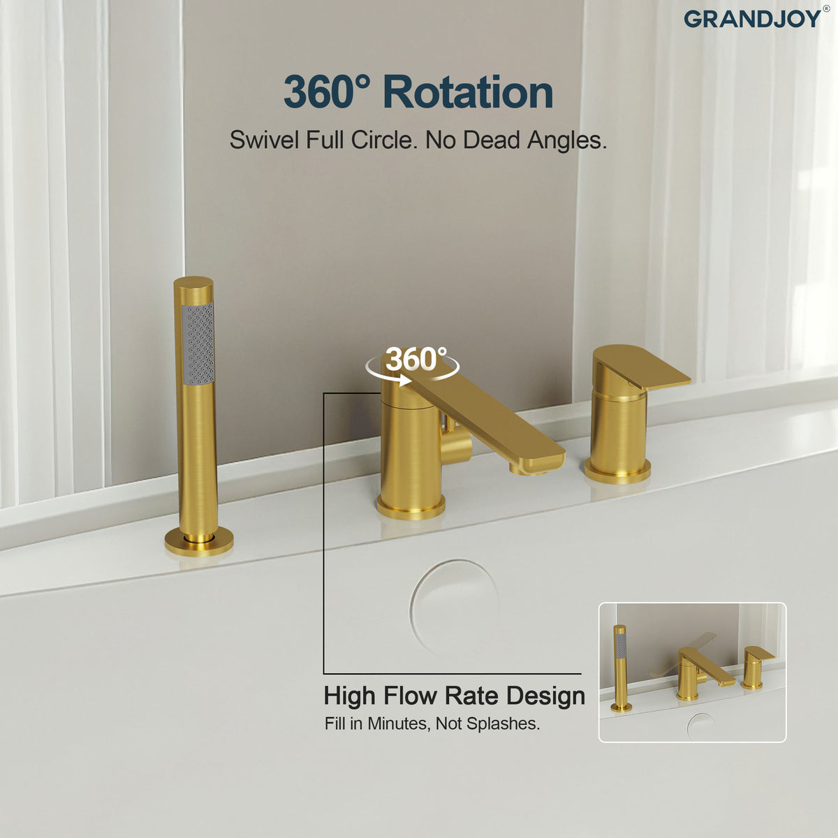 Low-Arc Deck-Mounted Bathtub Faucet with Hand Shower and Swivel Spout