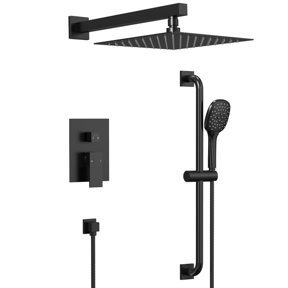 Square Wall-Mounted Shower System with Adjustable Slide Bar