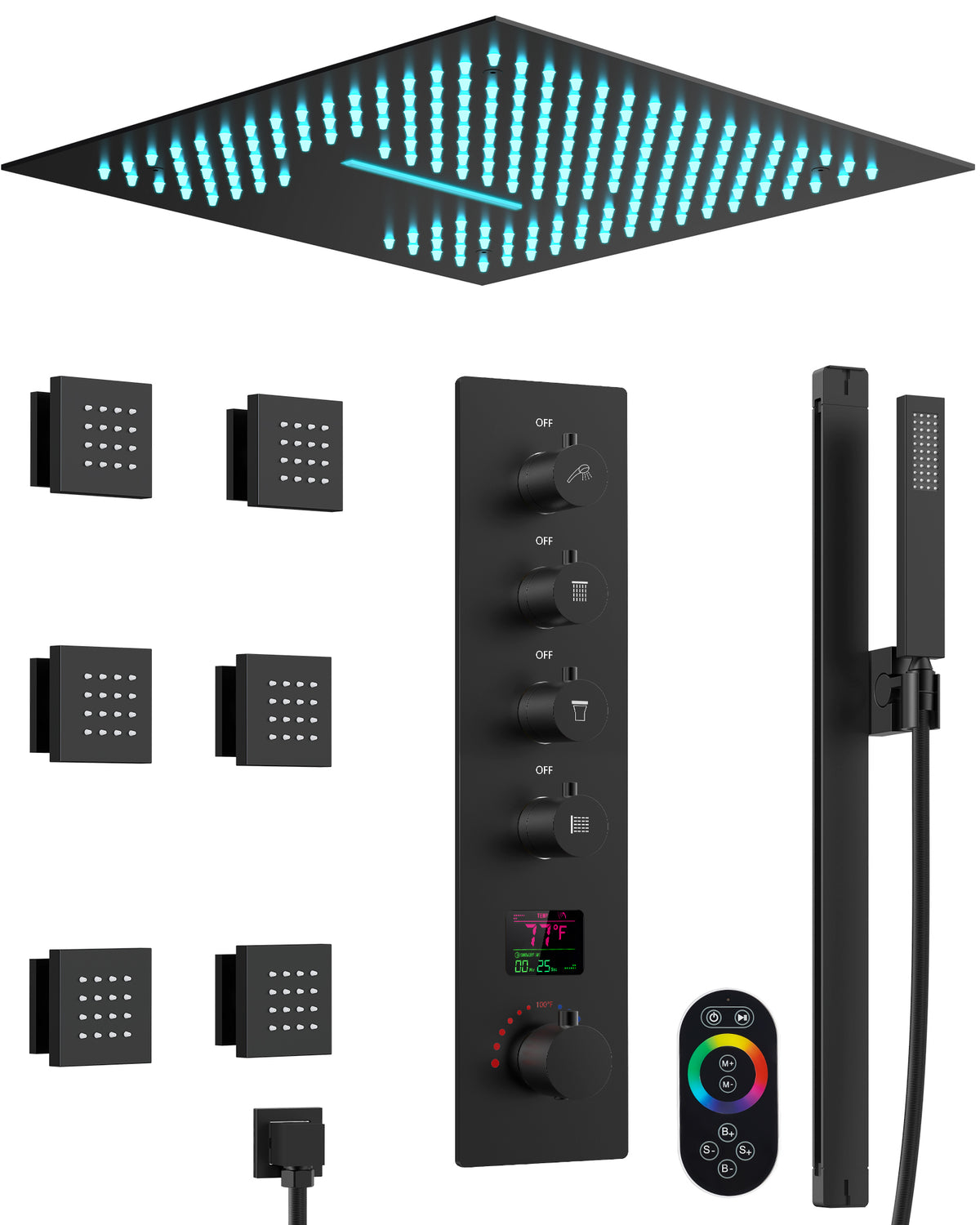 LED Ceiling-Mounted Thermostatic Shower System with Body Jets