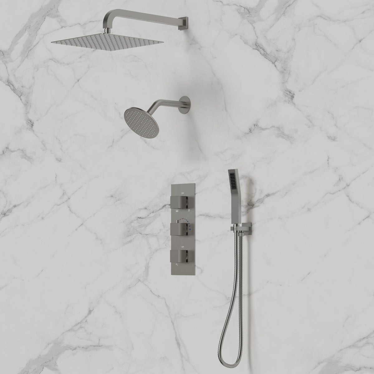 Wall-Mounted Thermostatic Dual Rainfall Shower System with Handheld Spray