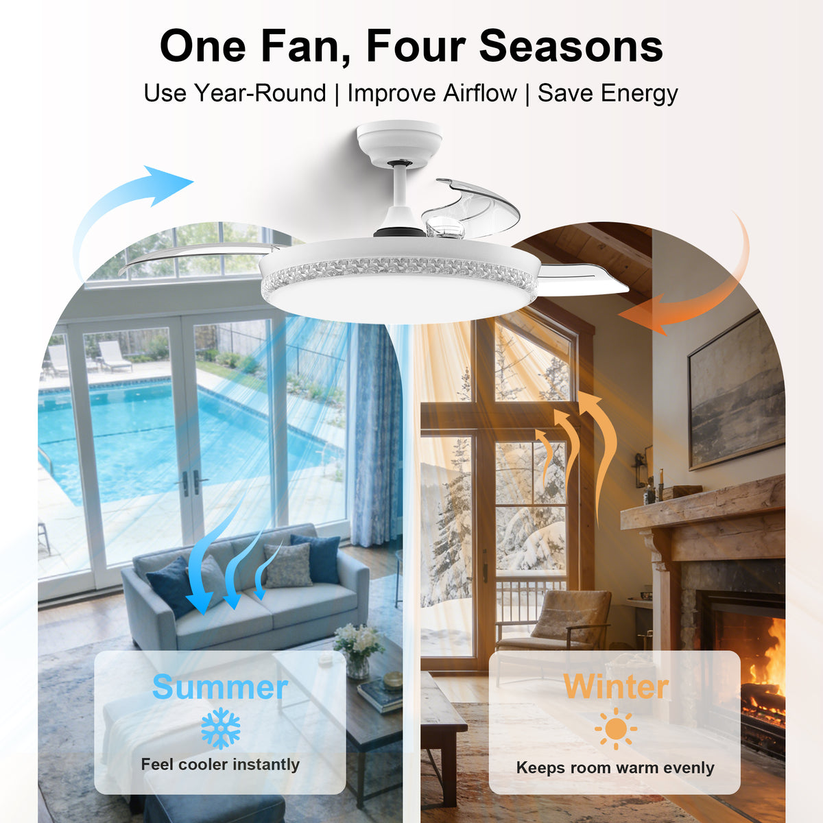 44-Inch Downrod Mount 4-Blade Retractable Ceiling Fan with Light and Remote Control