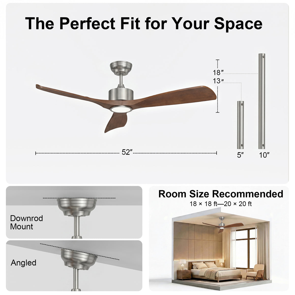 52-Inch Downrod Mount 3-Blade Ceiling Fan with Light and Remote Control