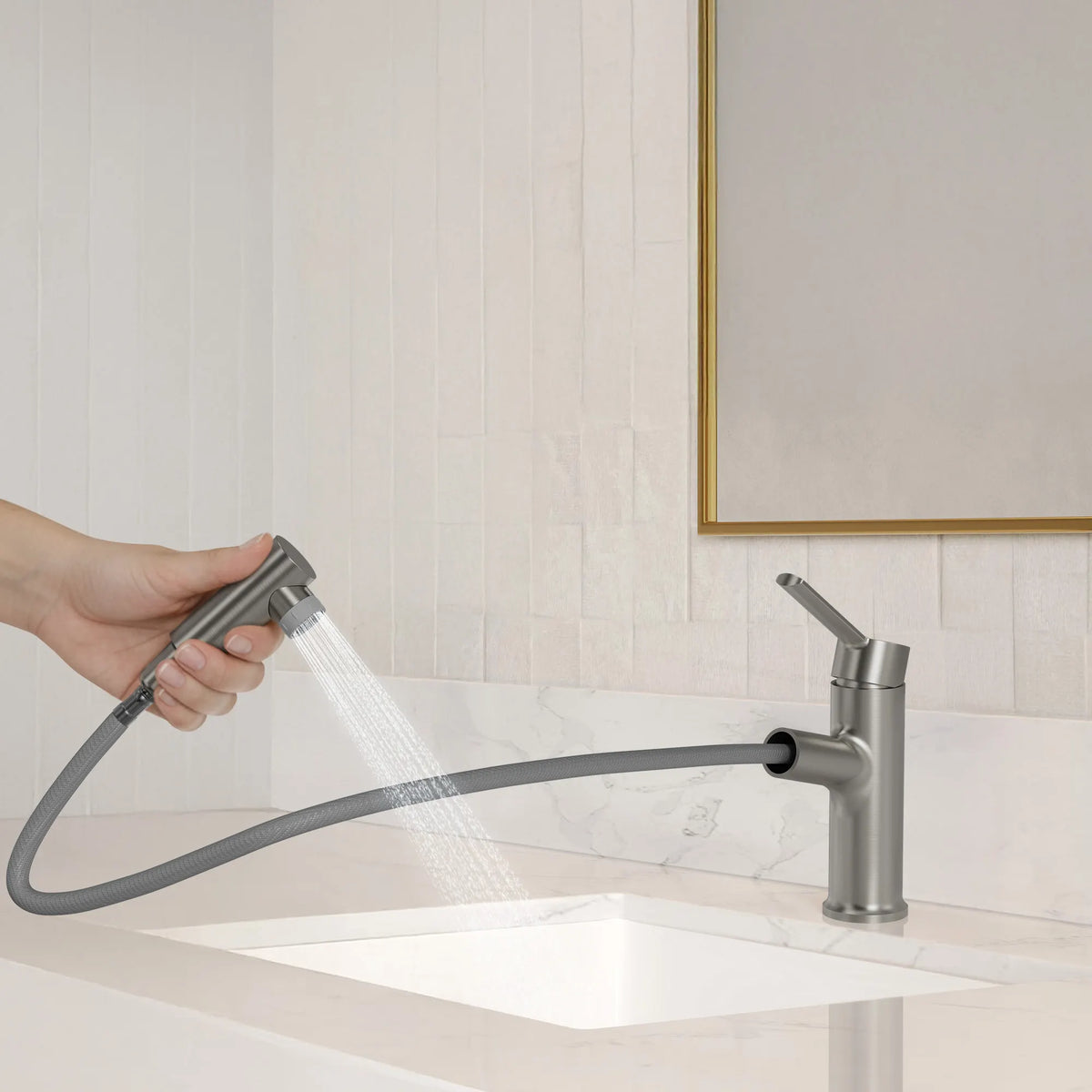 Single-Handle Pull-Out Bathroom Sink Faucet With Dual Spray Modes And Pop-Up Drain