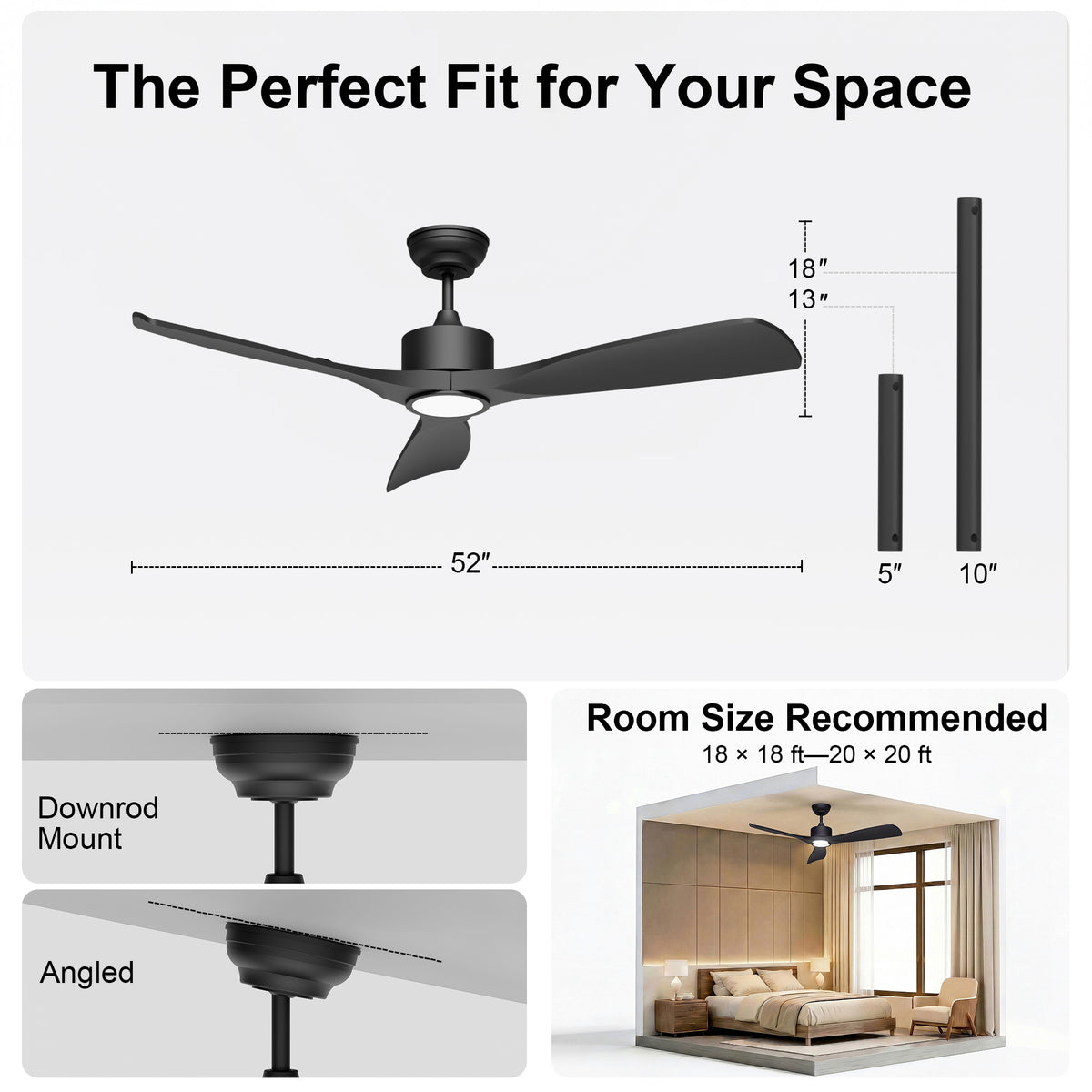 52-Inch Downrod Mount 3-Blade Ceiling Fan with Light and Remote Control