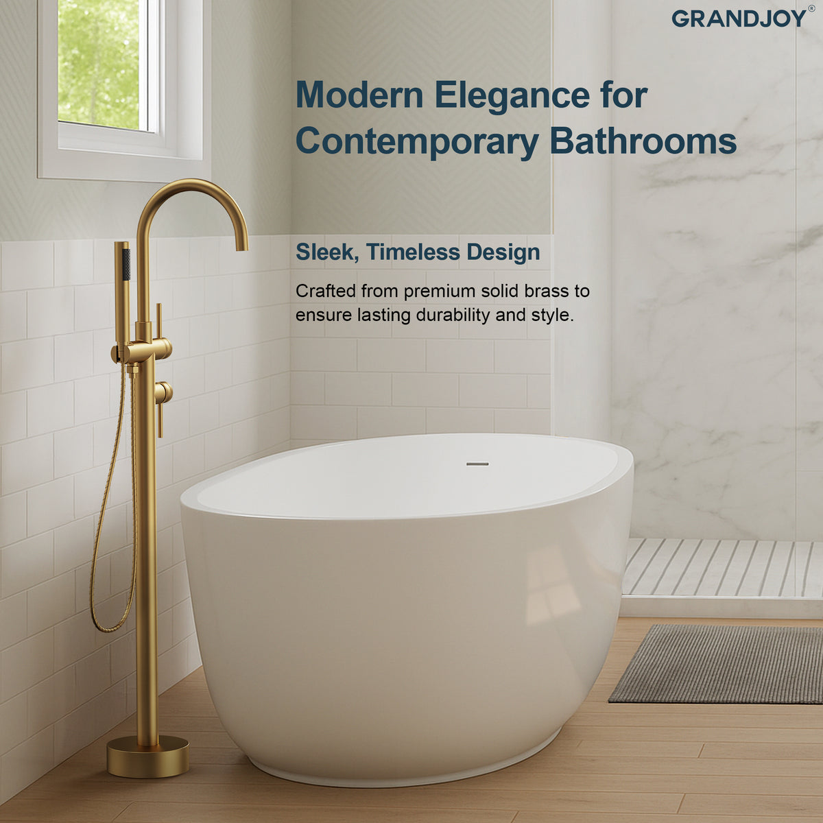 High-Arc Floor-Mounted Freestanding Bathtub Faucet with Hand Shower and Swivel Spout