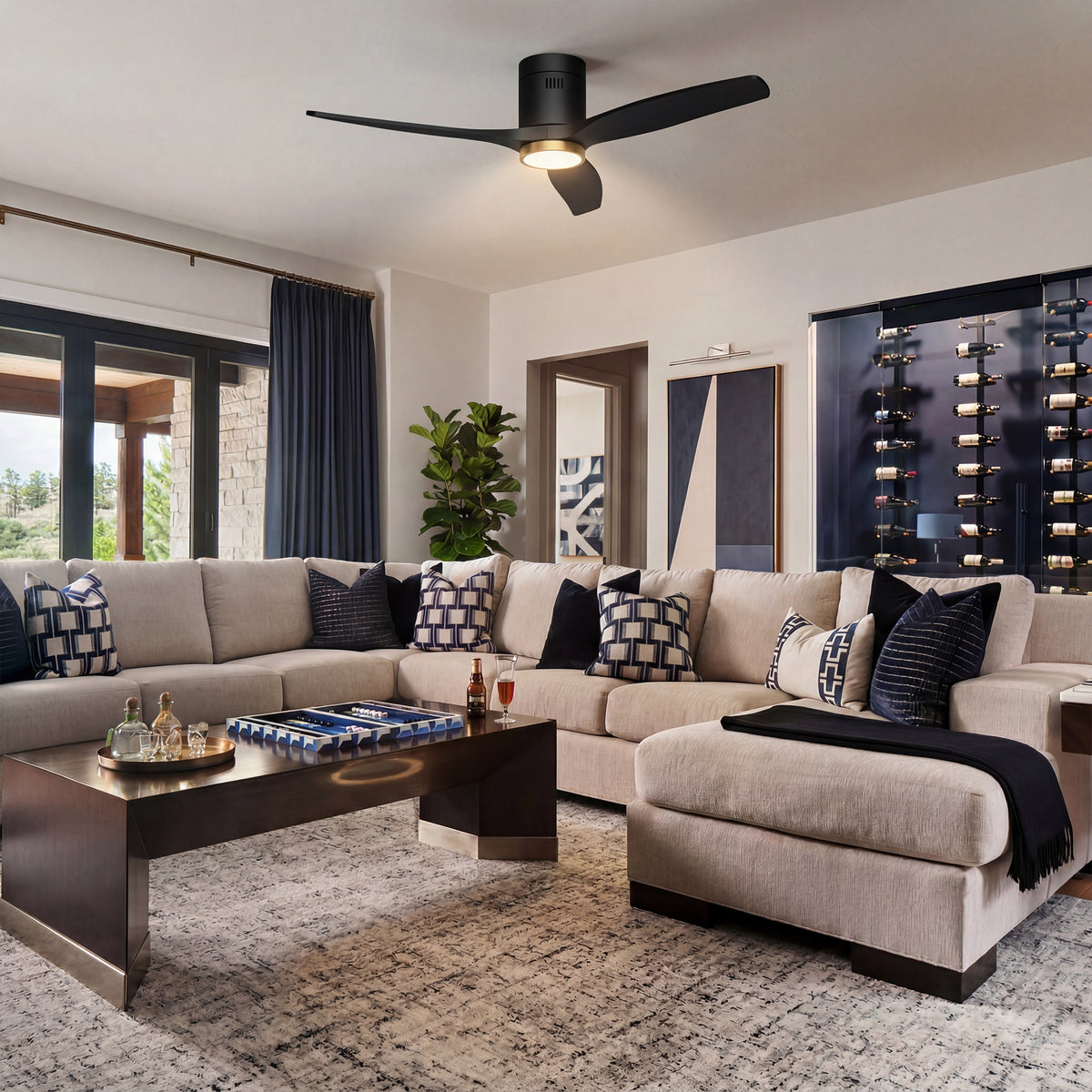 52-Inch Flush-Mount 3-Blade Ceiling Fan with Light, Wall Control and Remote