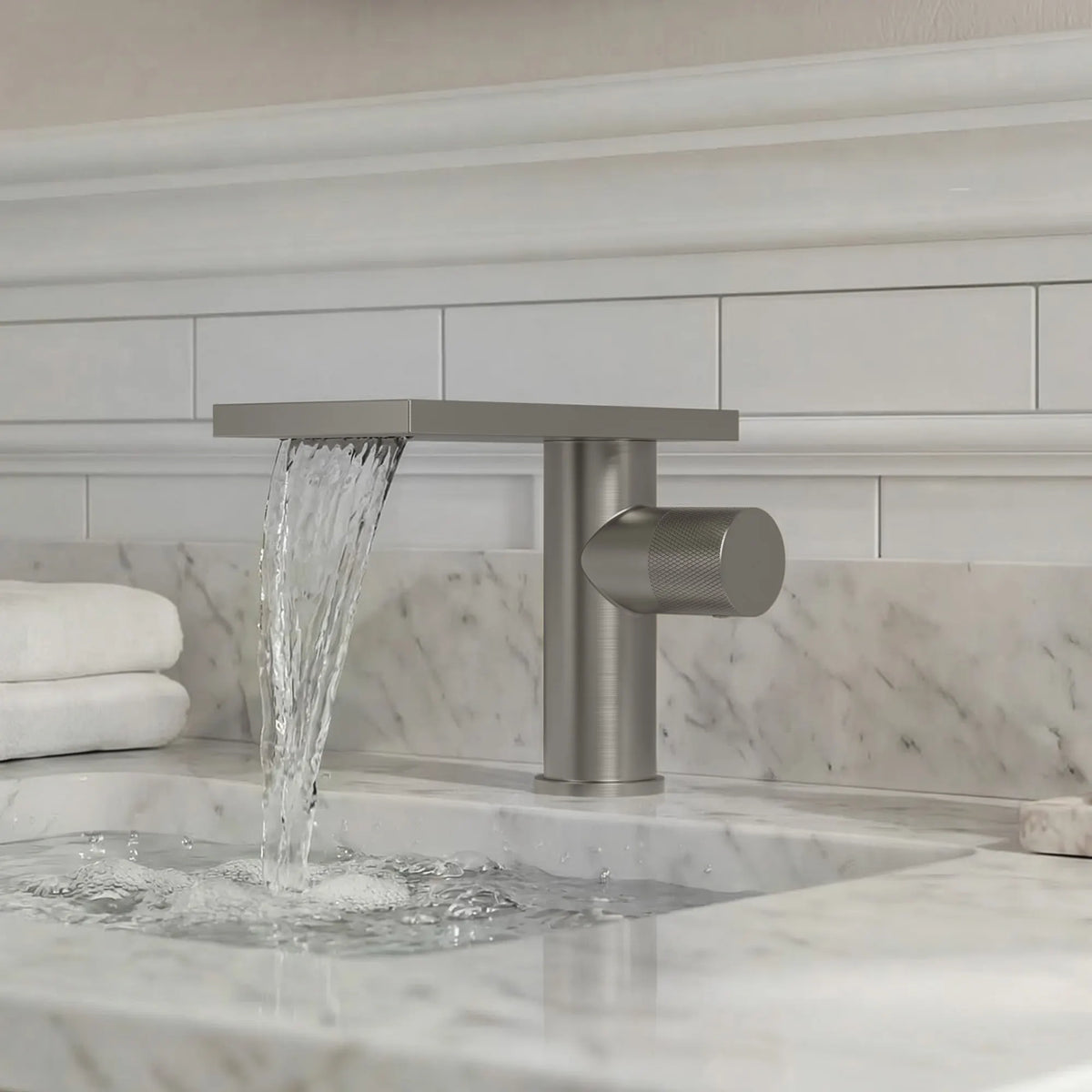 Single-Handle Bathroom Sink Faucet With Waterfall Spout And Pop-Up Drain