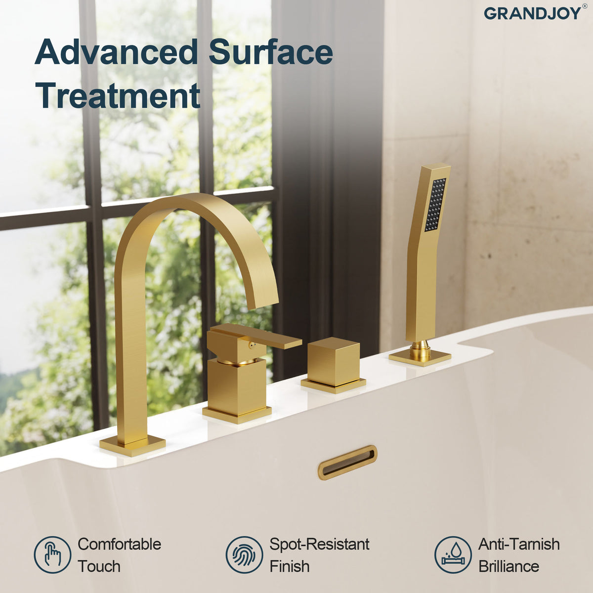 Deck-Mounted Waterfall Bathtub Faucet with Dual Handles and Hand Shower