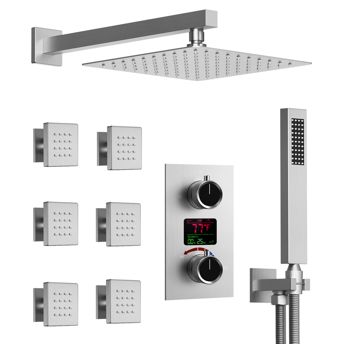LED Wall-Mounted Shower System with Six Body Jets and Handheld