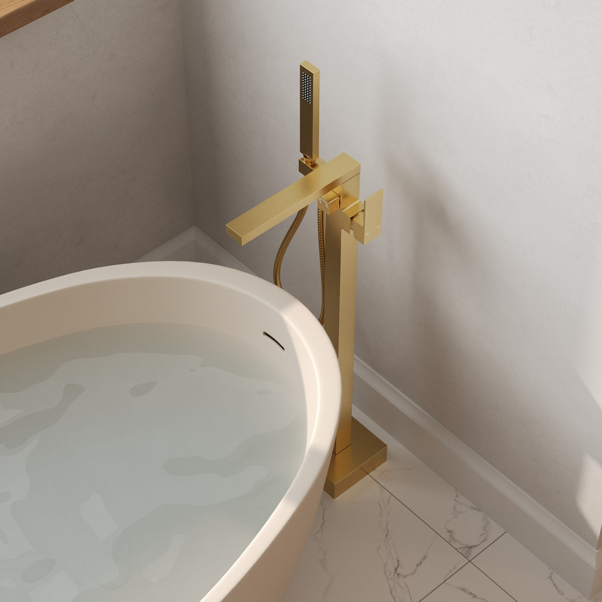 Freestanding Floor-Mounted Bathtub Faucet with Hand Shower and Swivel Spout