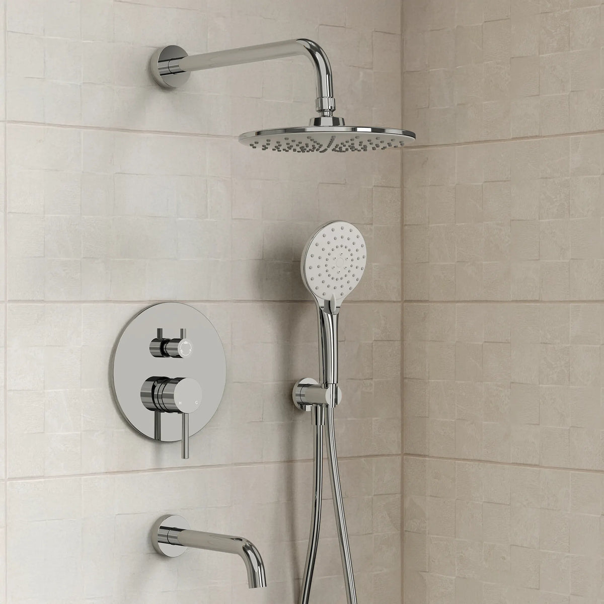 Round Wall-Mounted Shower System with Handheld and Tub Spout