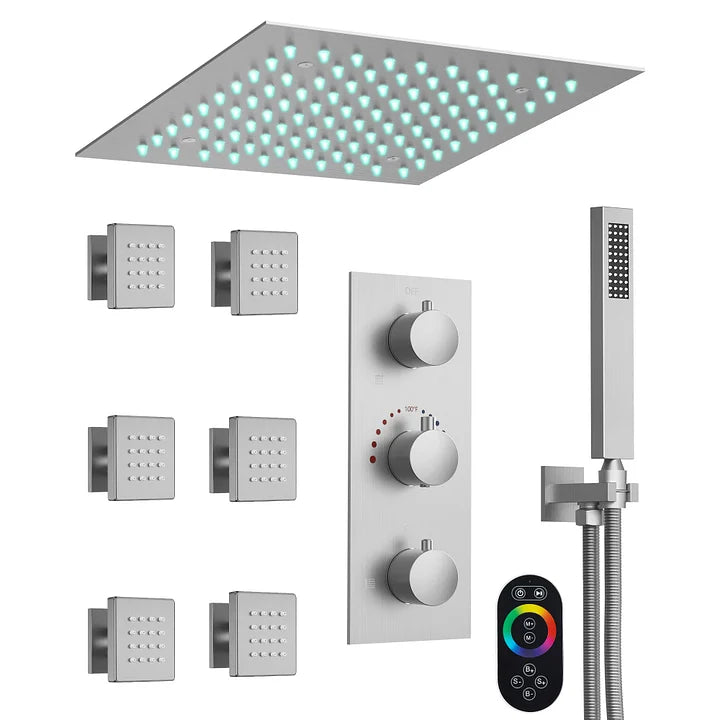 LED Ceiling-Mounted Thermostatic Shower System with Body Jets and Handheld