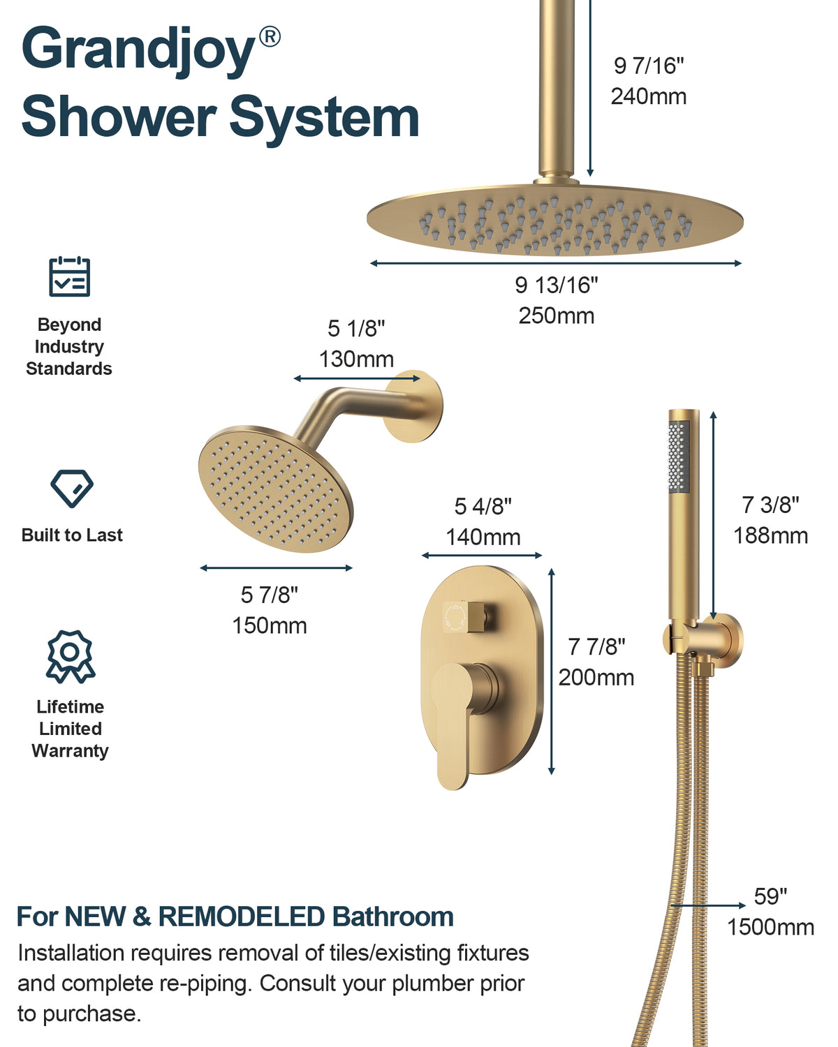 Ceiling-Mounted Dual Round-Head Shower System with Adjustable Handheld