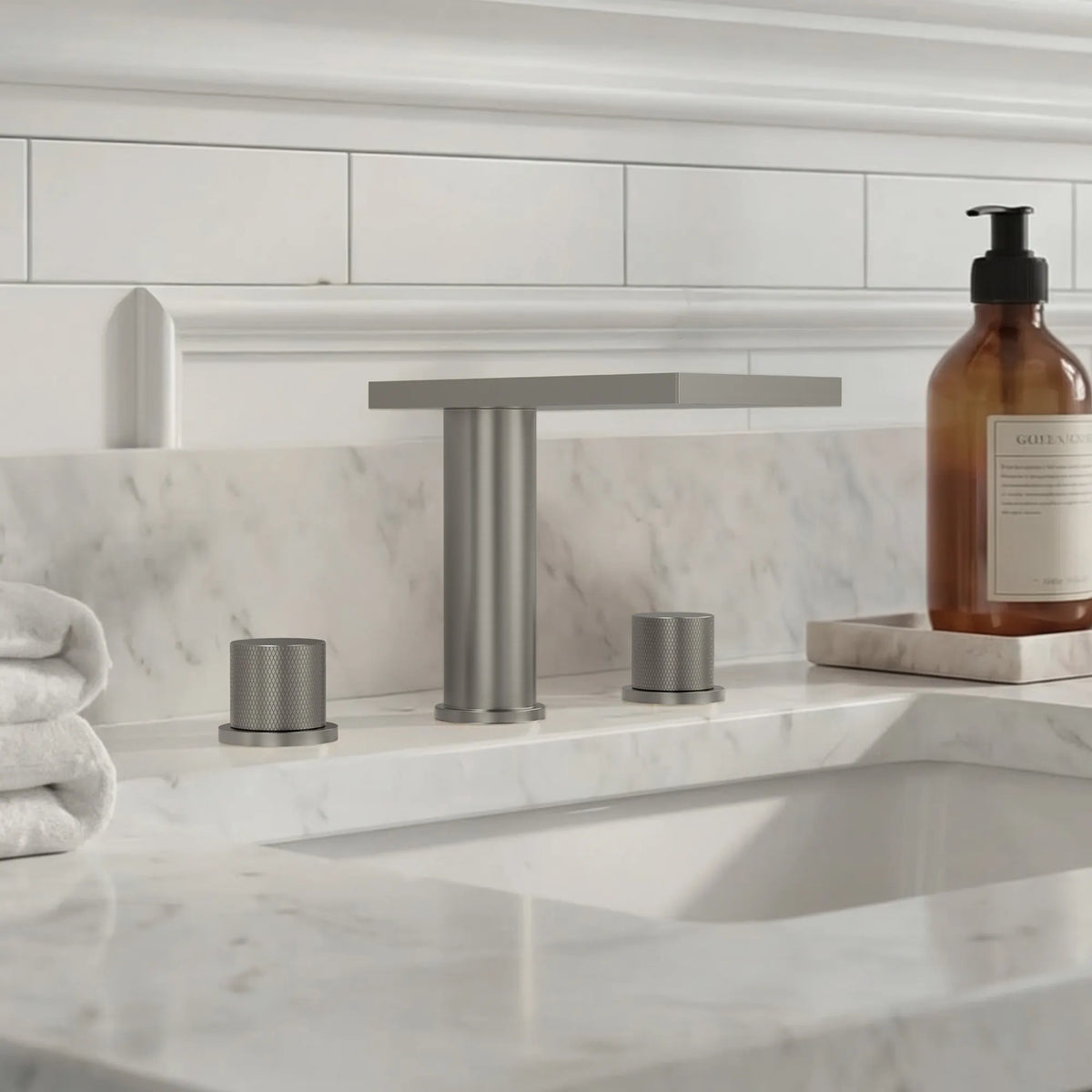 Two-Handle Mid Arc Widespread Bathroom Sink Faucet With Pop-Up Drain